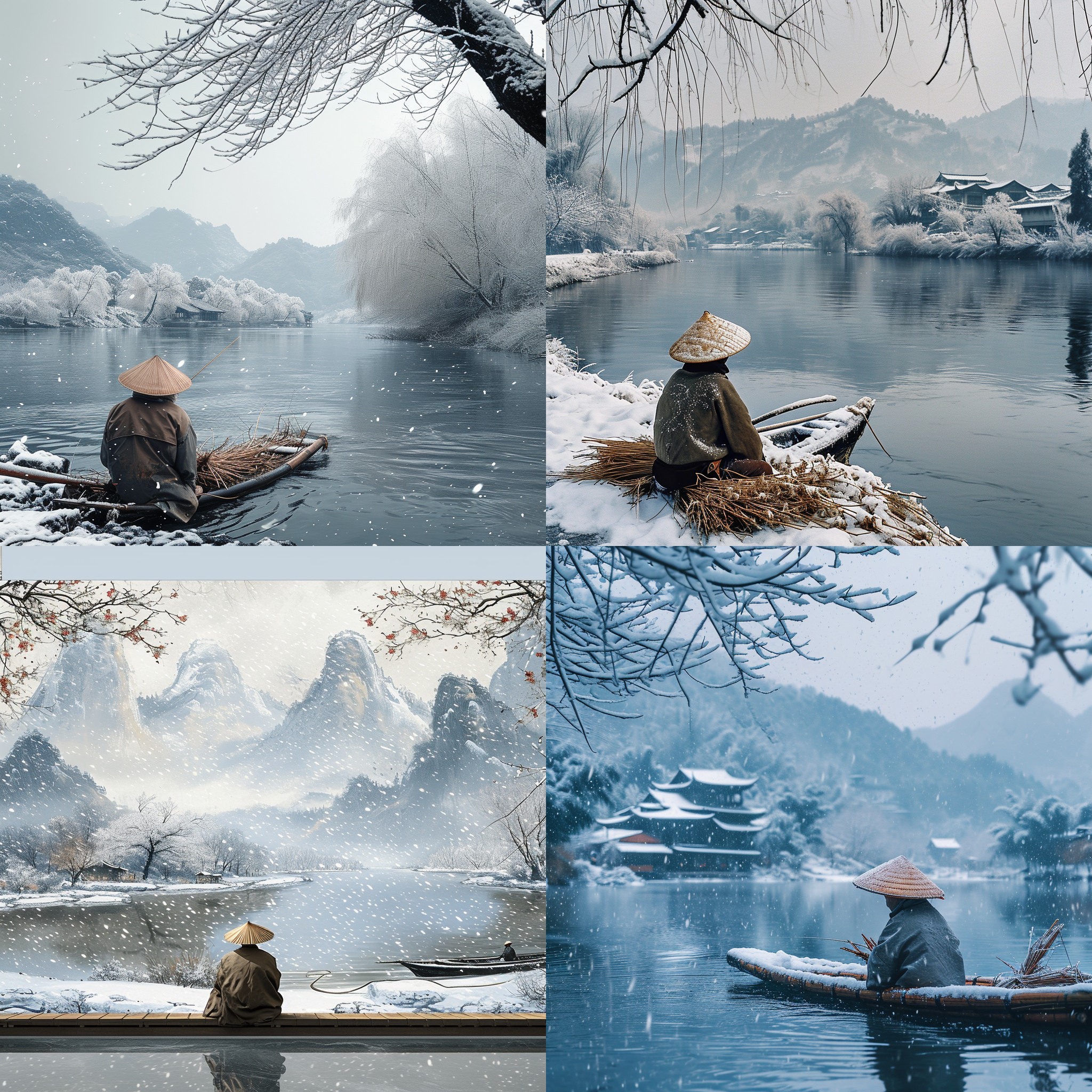 真实的摄影风景画，冬天，大雪纷飞。在群山和宽阔的河流上，一个戴着竹帽、穿着麻绳雨衣的渔夫坐在小船上垂钓。远处的村庄，河岸上的枯枝上覆盖着一层白雪。中国风格，高清，9:16宽高比，山水构图，寒冷氛围，广角镜头，自然光，静态，和谐色调，平静。