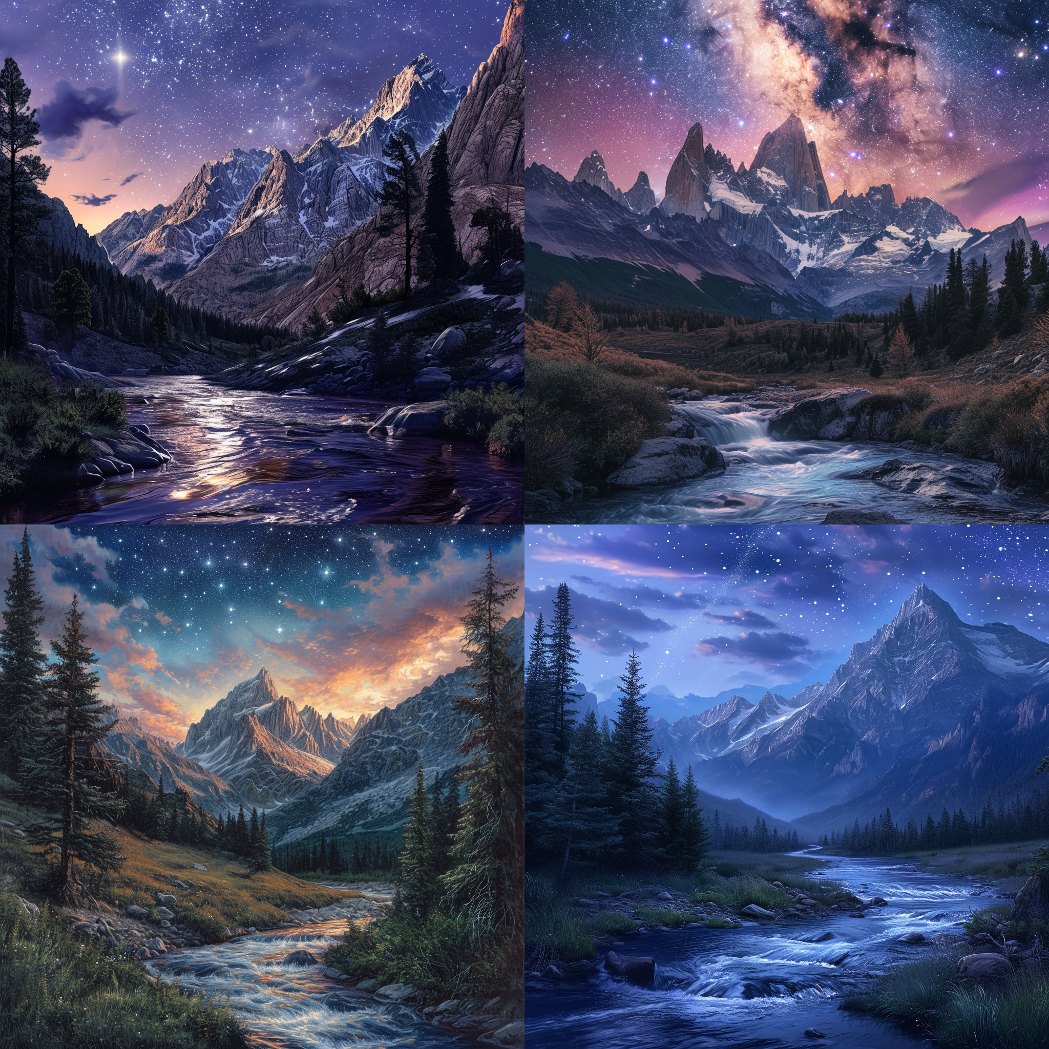 真实的摄影风景画，在广角镜头下展现出宏伟的山脉和巍峨的山峰，江河蜿蜒流淌，星空璀璨。色彩饱和，细节丰富，纵深感营造出梦幻般的视觉冲击。自然光照射下，创造出宁静而恢弘的景象，给人一种无限可能性的未来世界的感觉。高清晰度，平衡构图，自然动作，展现出真实的摄影力量。