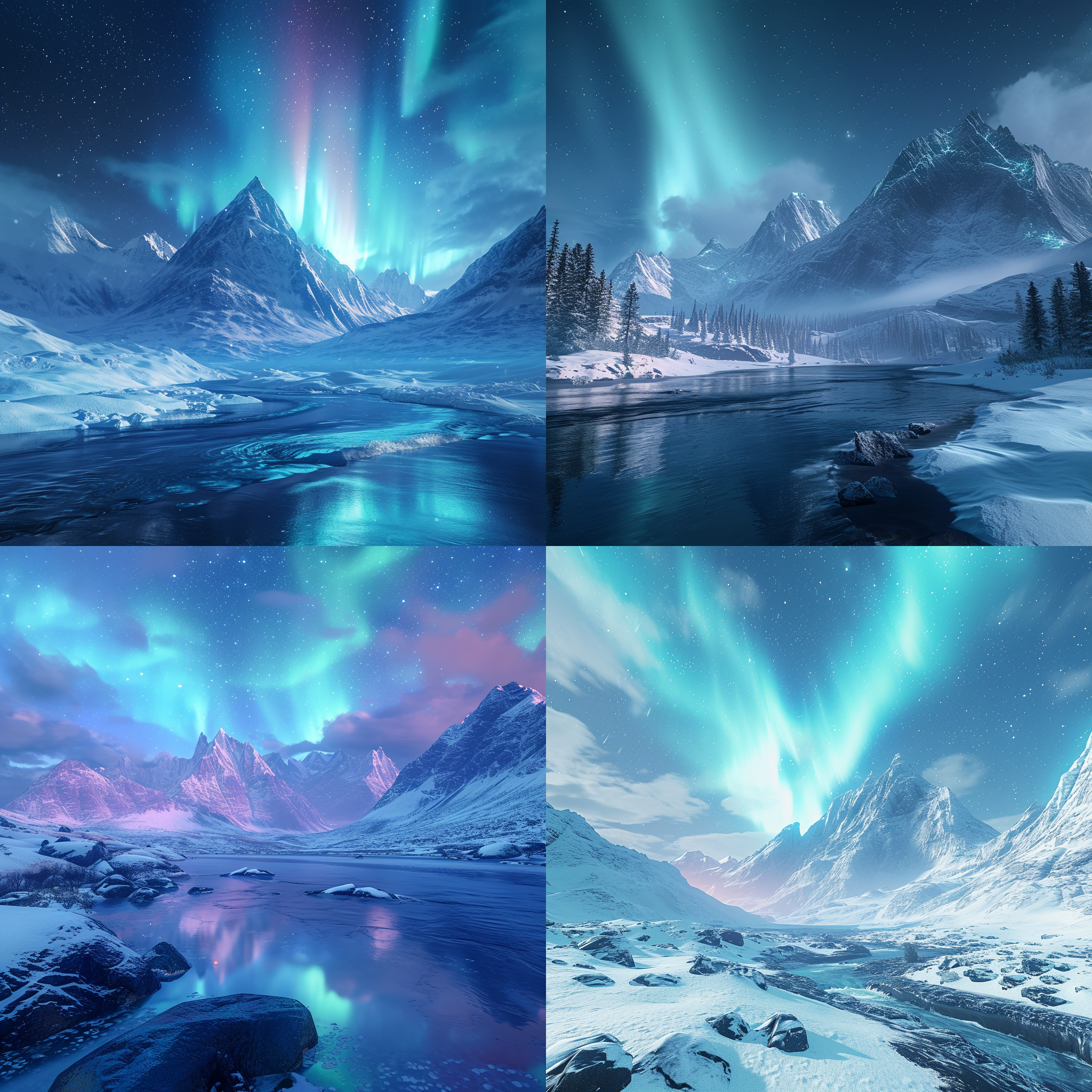 淡蓝色的极光照耀在白雪中，雪山巍峨壮丽，河流清澈流淌，暴风雪中五彩斑斓的星星闪烁。虚幻引擎打造的逼真画面，4k高清，真实感十足，高清广角镜头捕捉全景，uhd、8k、hd格式呈现。