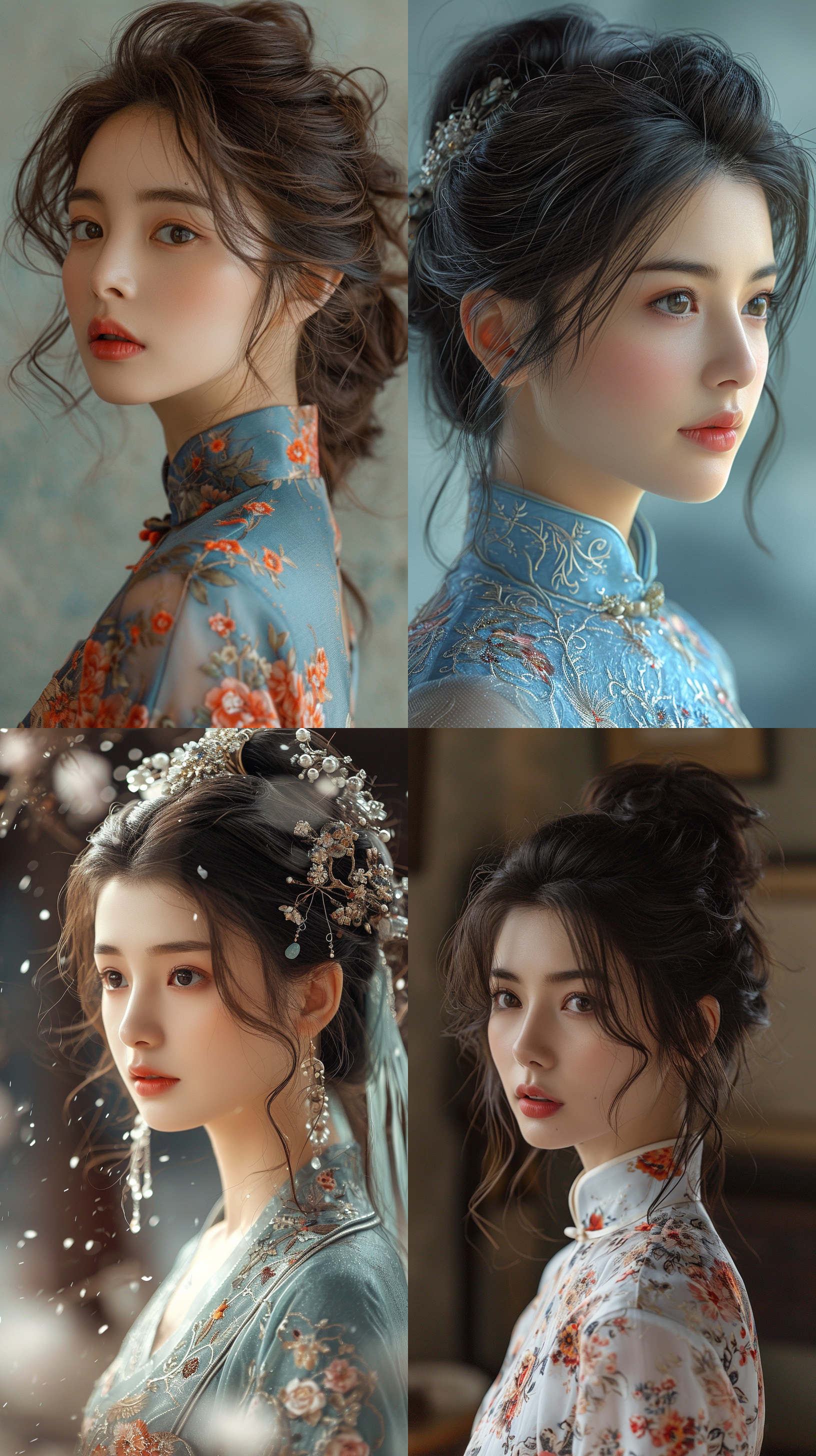 中国美女，古典气质，侧身，回头 浅青 旗袍 照片写实