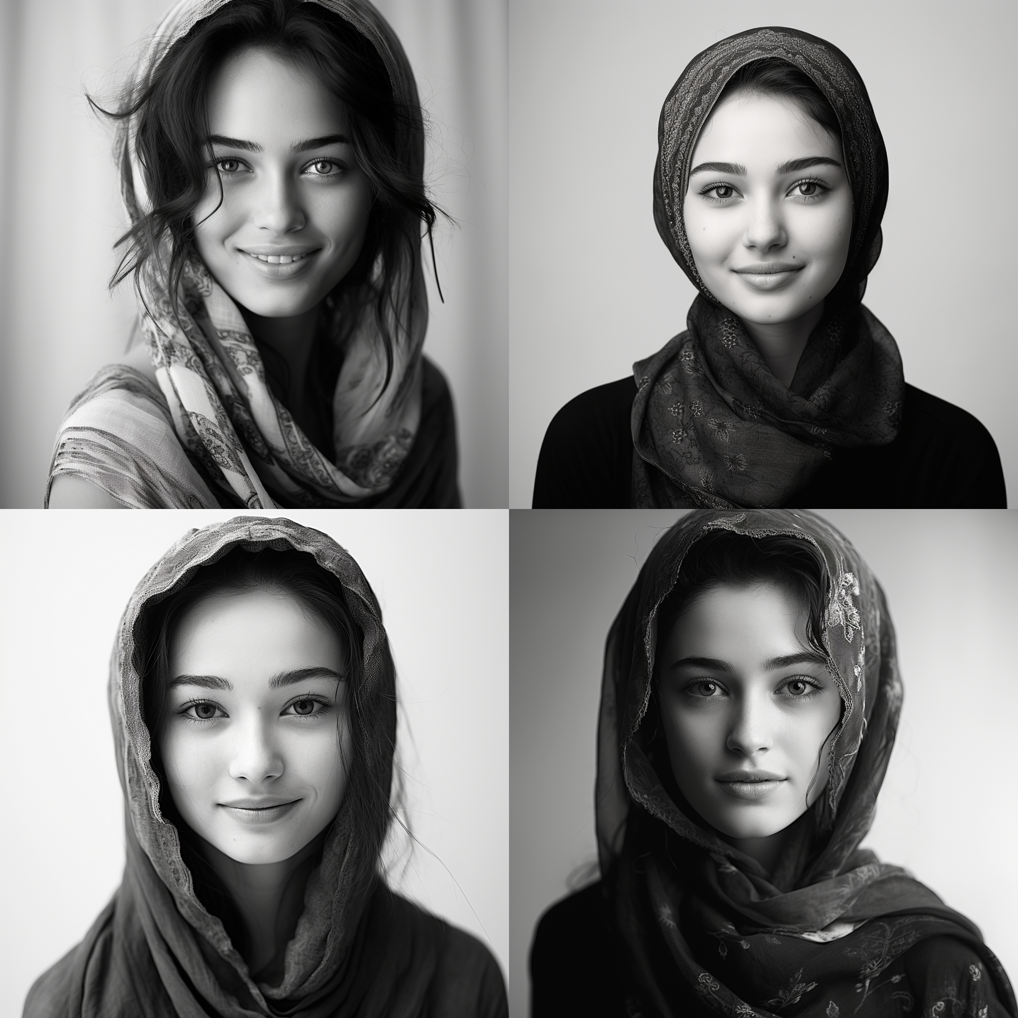 美丽维吾尔女孩微笑，五官精致，明星脸，纯净白背景，柔和光线，长焦镜头，高清晰度，细腻情感表达，泪水滑落，悲伤，忧郁，黑白摄影风格，明暗对比强烈。