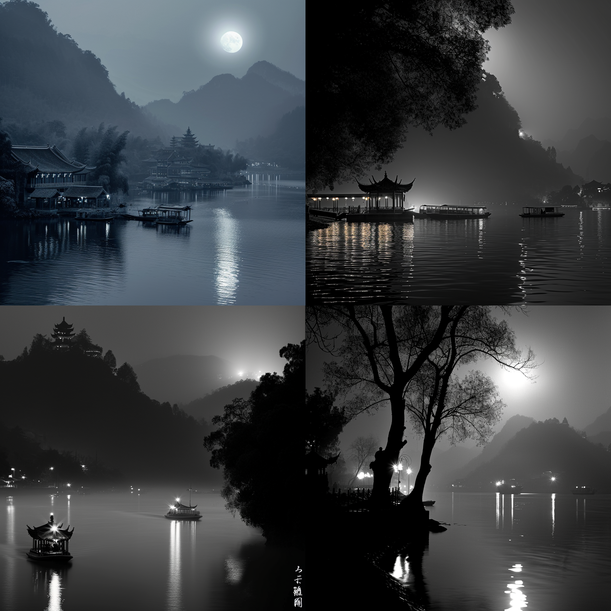 月光下，江水朦胧，河岸上几棵枫树，几只渔船上散落着灯光，山上古庙原汁原味的灯光。中国风，高清晰度，细腻情感表达，黑白摄影风格，明暗对比强烈，高清，9:16宽高比。