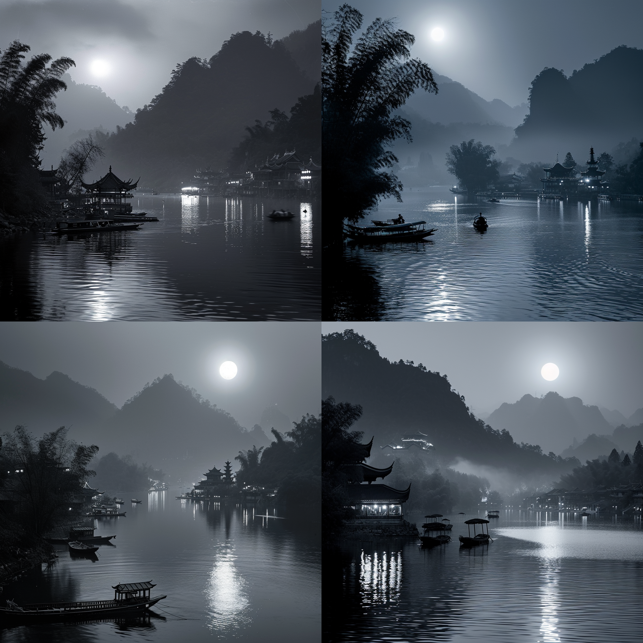 月光下，江水朦胧，河岸上几棵枫树，几只渔船上散落着灯光，山上古庙原汁原味的灯光。中国风，高清晰度，细腻情感表达，黑白摄影风格，明暗对比强烈，高清，9:16宽高比。