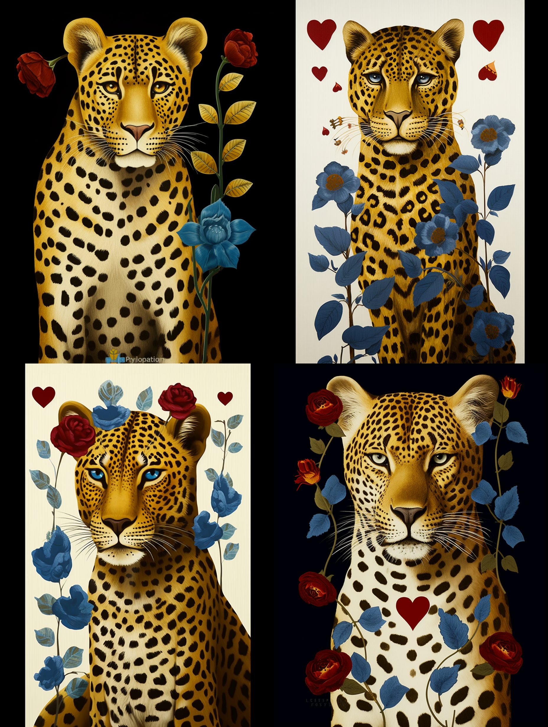 高度相似豹子叼着蓝色的玫瑰，穿越森林，层层树木营造深度，广角镜头，金色阳光洒在豹子身上，柔和的侧光，细节丰富，王冠上镶满宝石，色彩鲜艳，情感高贵而神秘。