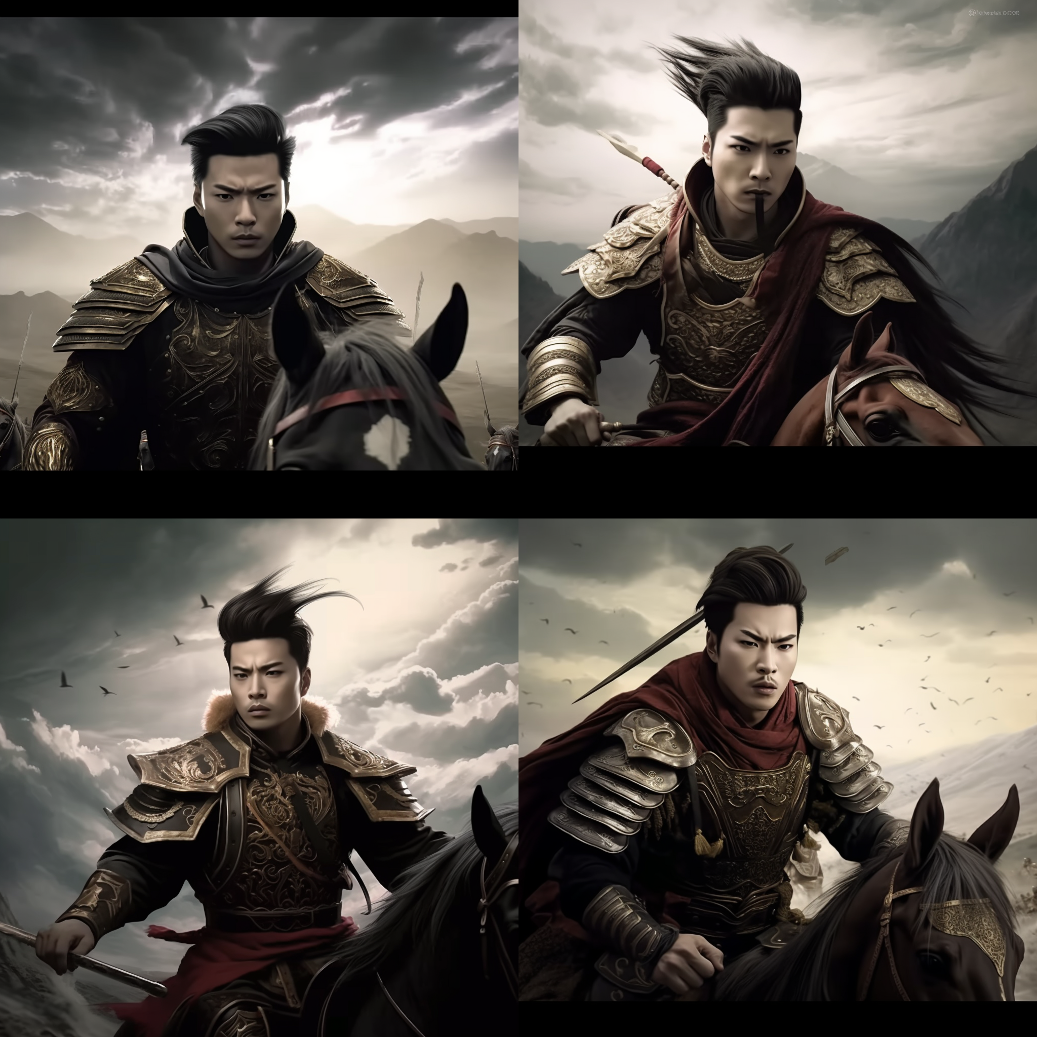 大将军骑马，拿着长枪，英勇威武。远景中山脉苍茫壮丽，近景中将军目光坚毅，阳光透过云层洒下，营造出史诗般的氛围。高速快门捕捉到将军驰骋的动态，黑白摄影风格强调力量与决心。