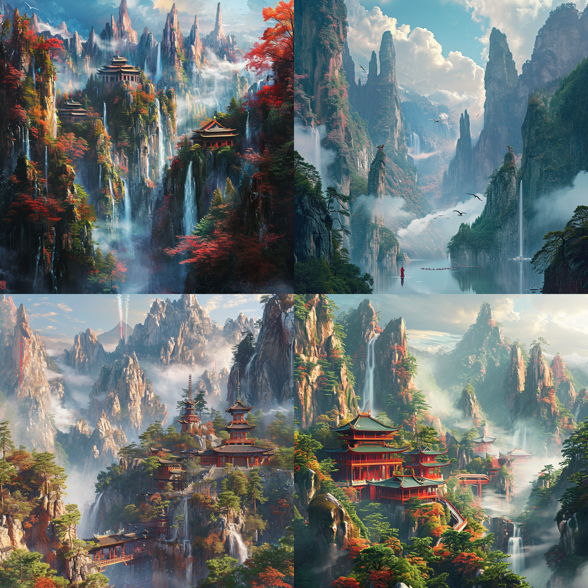 山水之间，中国风格，科技感，幻想，未来。壮丽的群山峡谷中，巍峨的山峰耸立，江河蜿蜒流淌，构成了壮丽的中国风景。以未来科技元素为背景，创造出奇幻的氛围，展现出未来世界的无限可能性。高清晰度，明亮色彩，细节丰富，纵深感，给人一种梦幻般的视觉冲击。山峰，河流，科技元素，明亮色彩，纵深感，未来，幻想，中国风格，群山峡谷。