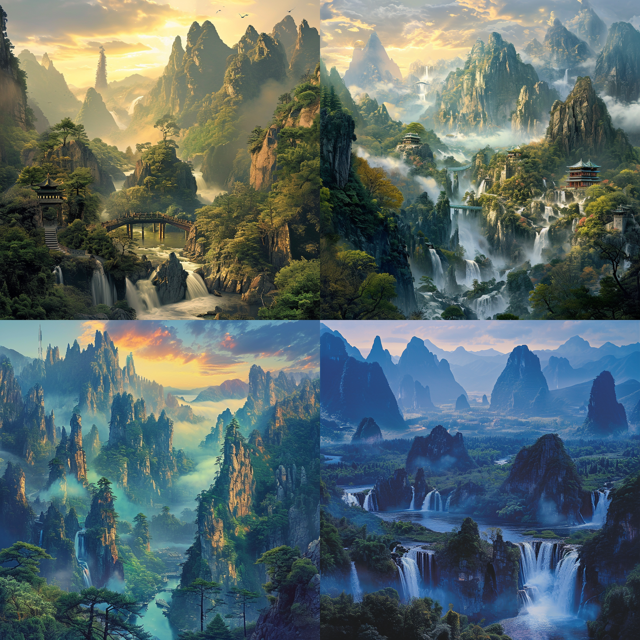 真实的摄影风景画，广阔的视野，山水之间，巍峨的山峰耸立，江河蜿蜒流淌，构成了壮丽的中国风景。未来科技元素为背景，创造出奇幻的氛围，展现出未来世界的无限可能性。高清晰度，宁静的风景，细节丰富，纵深感，梦幻般的视觉冲击。广角镜头，自然光，色彩饱和，自然动作，平衡构图，恢弘的景象，宏伟的山脉，神秘的未来感。