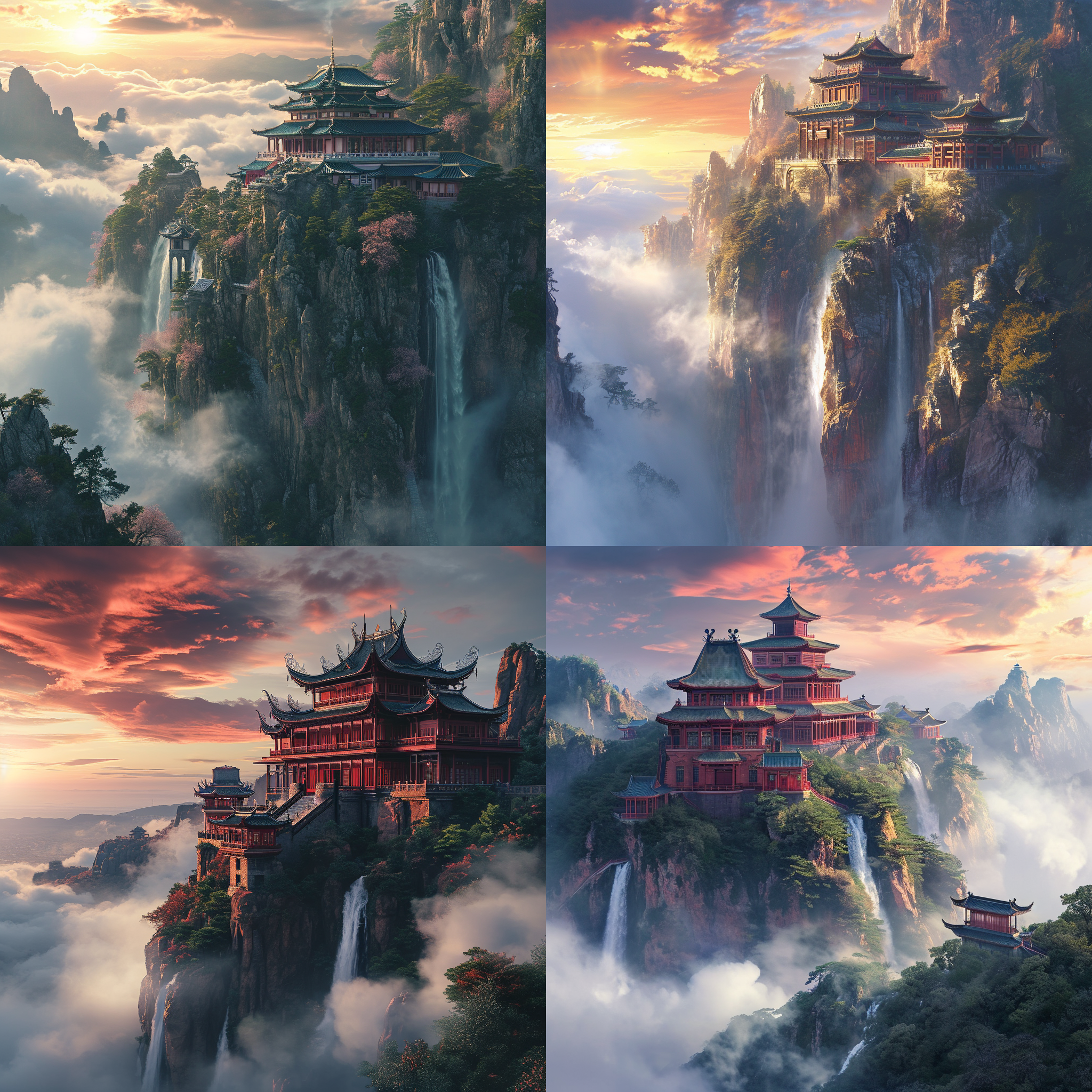 真实的摄影风景画，一座伟大的中国宫殿在云层之上，远处的瀑布从山上流下来，背光，幻想，高清，超广角，艺术站，中国（早上）