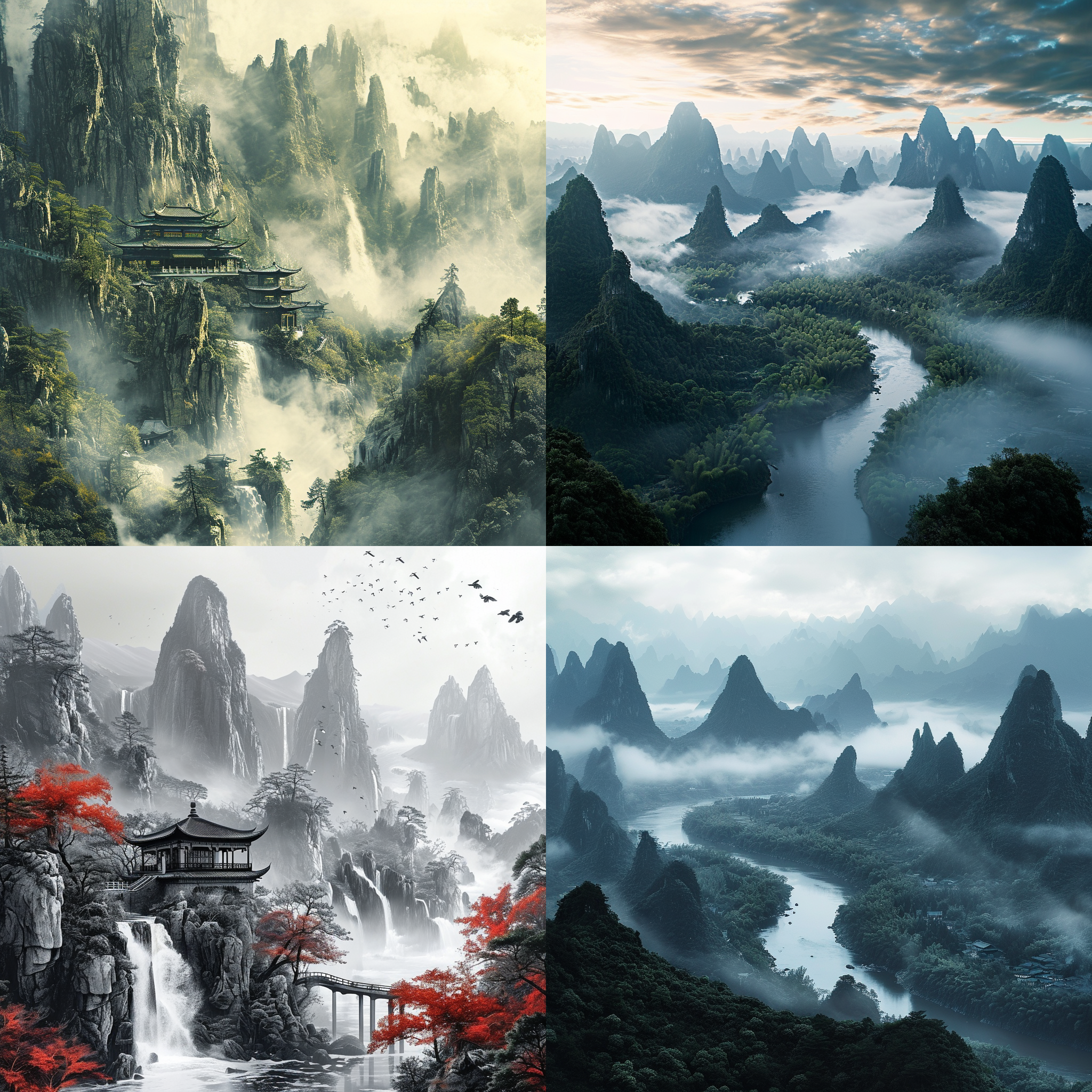 真实的摄影风景画，广阔的视野，山水之间，巍峨的山峰耸立，江河蜿蜒流淌，构成了壮丽的中国风景。未来科技元素为背景，创造出奇幻的氛围，展现出未来世界的无限可能性。高清晰度，宁静的风景，细节丰富，纵深感，梦幻般的视觉冲击。广角镜头，自然光，精细的黑白照片，自然动作，平衡构图，恢弘的景象，宏伟的山脉，神秘的未来感。