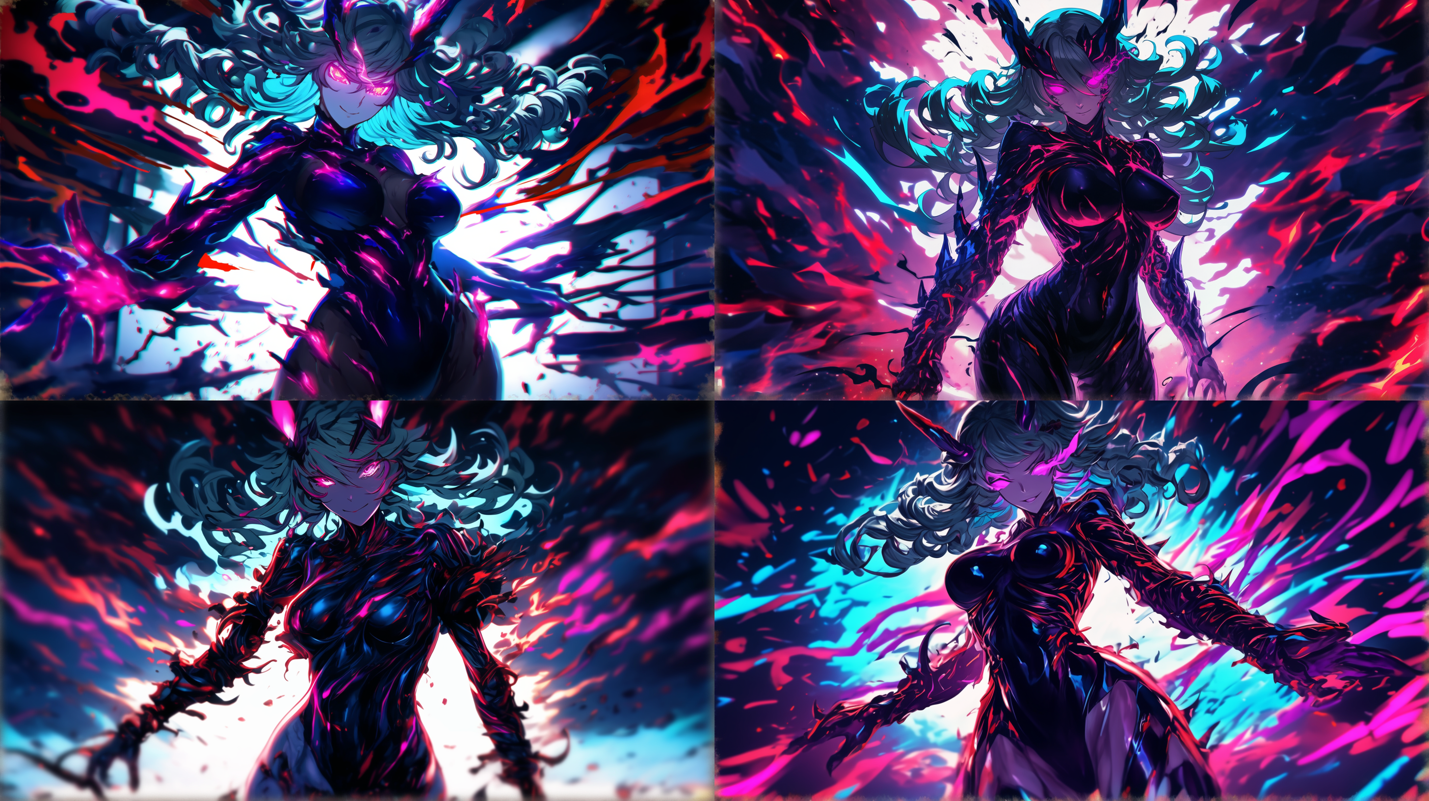 毁灭女神，身材曲线优美，暗黑风格，低角度拍摄，强烈背光，长曝光，动态模糊，彩色火焰特效，冷暖色调对比，神秘诱惑，烟雾缭绕，混沌背景，朝镜头方向前进。