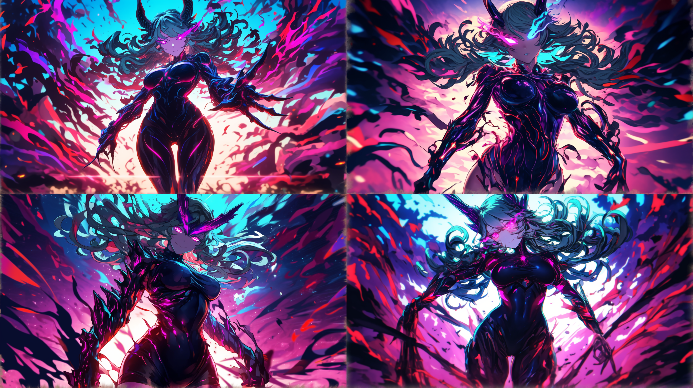 毁灭女神，身材曲线优美，暗黑风格，低角度拍摄，强烈背光，长曝光，动态模糊，彩色火焰特效，冷暖色调对比，神秘诱惑，烟雾缭绕，混沌背景，朝镜头方向前进。