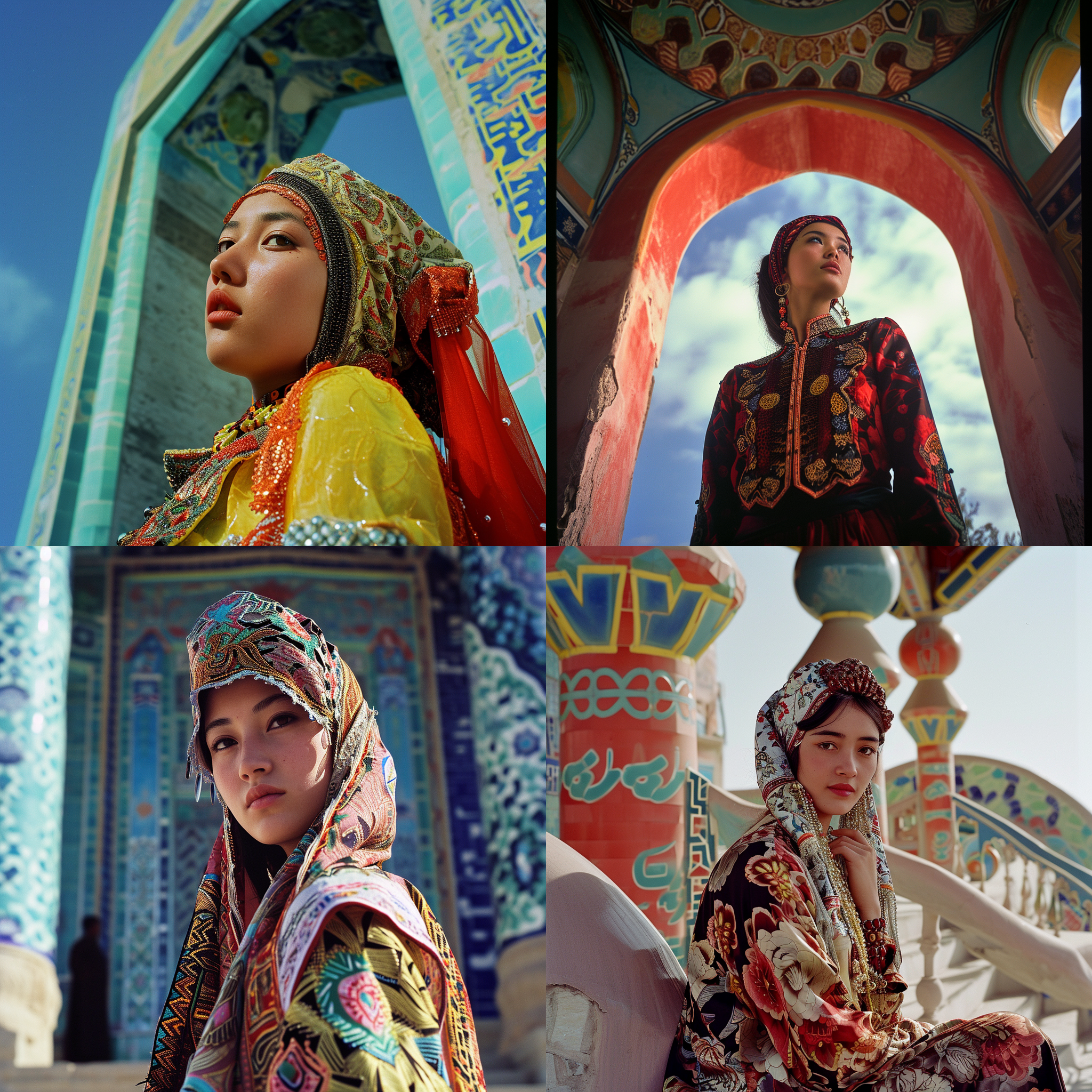prompt. 维吾尔族女孩，超现实柯达胶片拍摄，维吾尔传统服饰与现代建筑融合的照片，主题突出，明亮的色彩，角色表情丰富，展现维吾尔文化的独特美。高清，广角镜头，对比度强，色彩鲜明，幻想般的背景，展示了浓厚的艺术感。