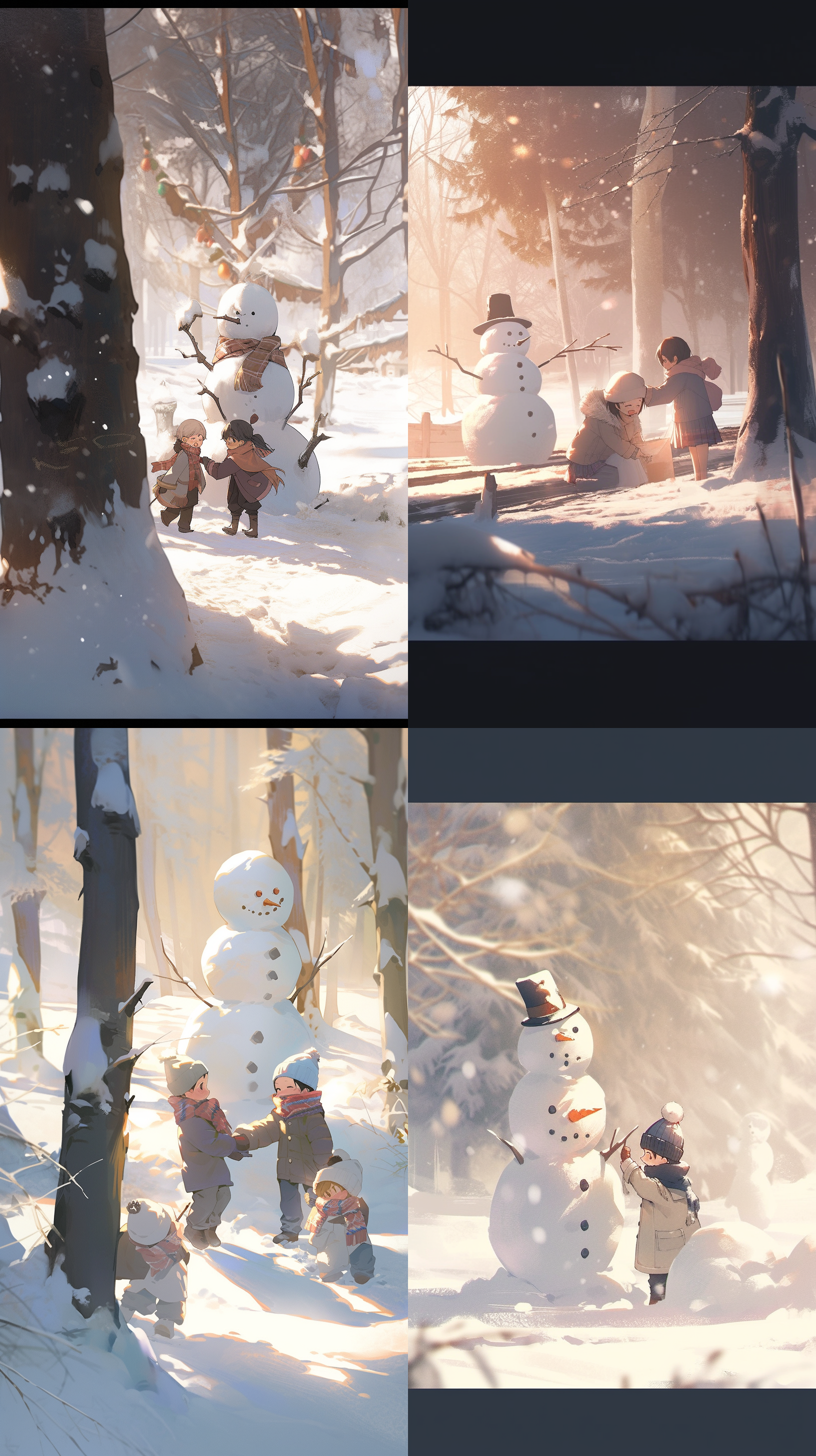 古风孩童在大树下堆雪人，逆光拍摄，朦胧效果，冬日场景，长焦镜头，柔和光线，细腻动作，纯真表情，白色主调，快乐。