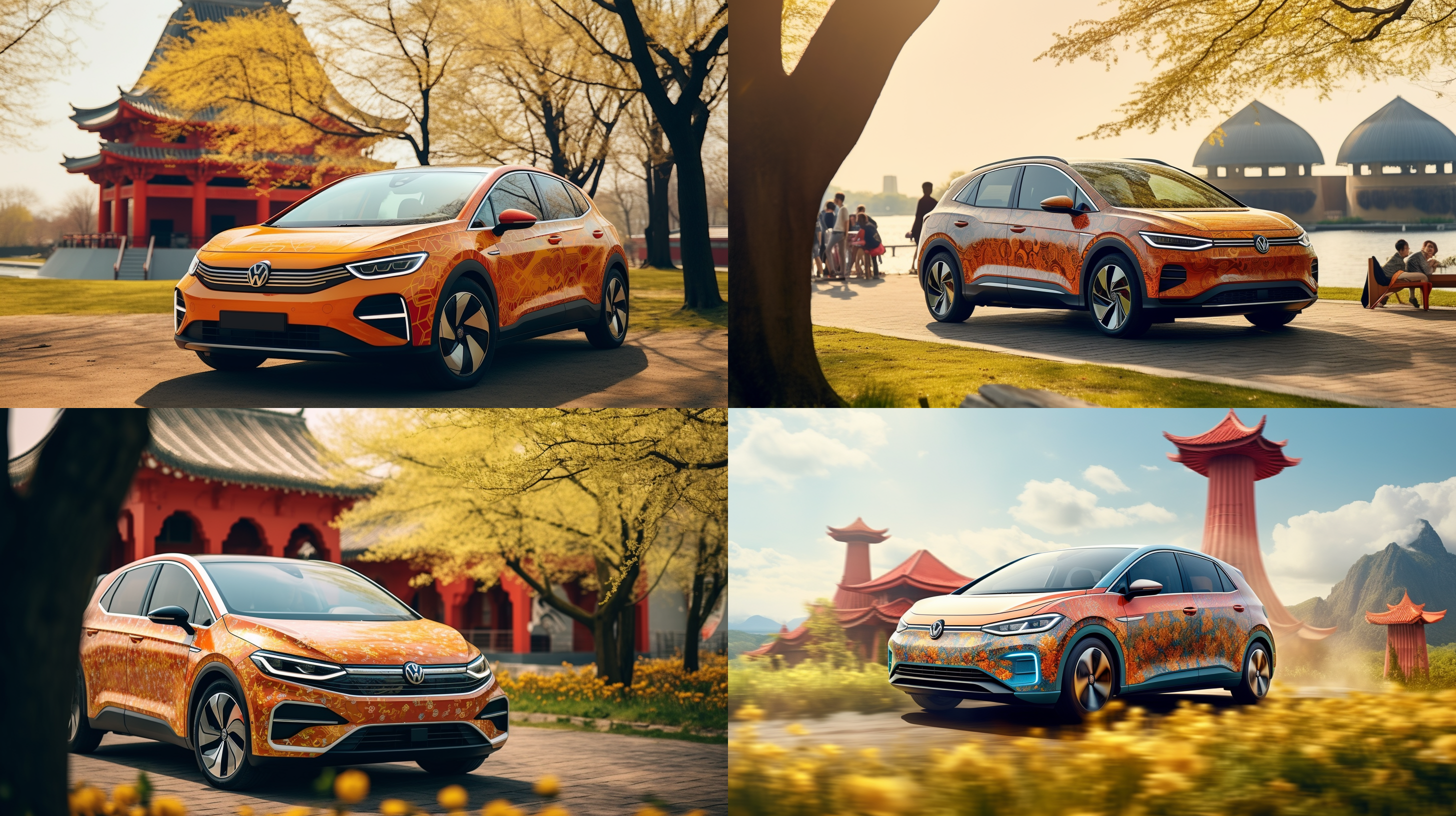 明媚的春天，上汽大众id.4 x在草地上，爸爸妈妈在旁边搭起了帐篷，小孩子在草地上奔跑，欢快，景色优美，广角镜头，高清画质，光线柔和，自然风光，活力四溢，明亮色调，家庭团聚，幸福时刻。