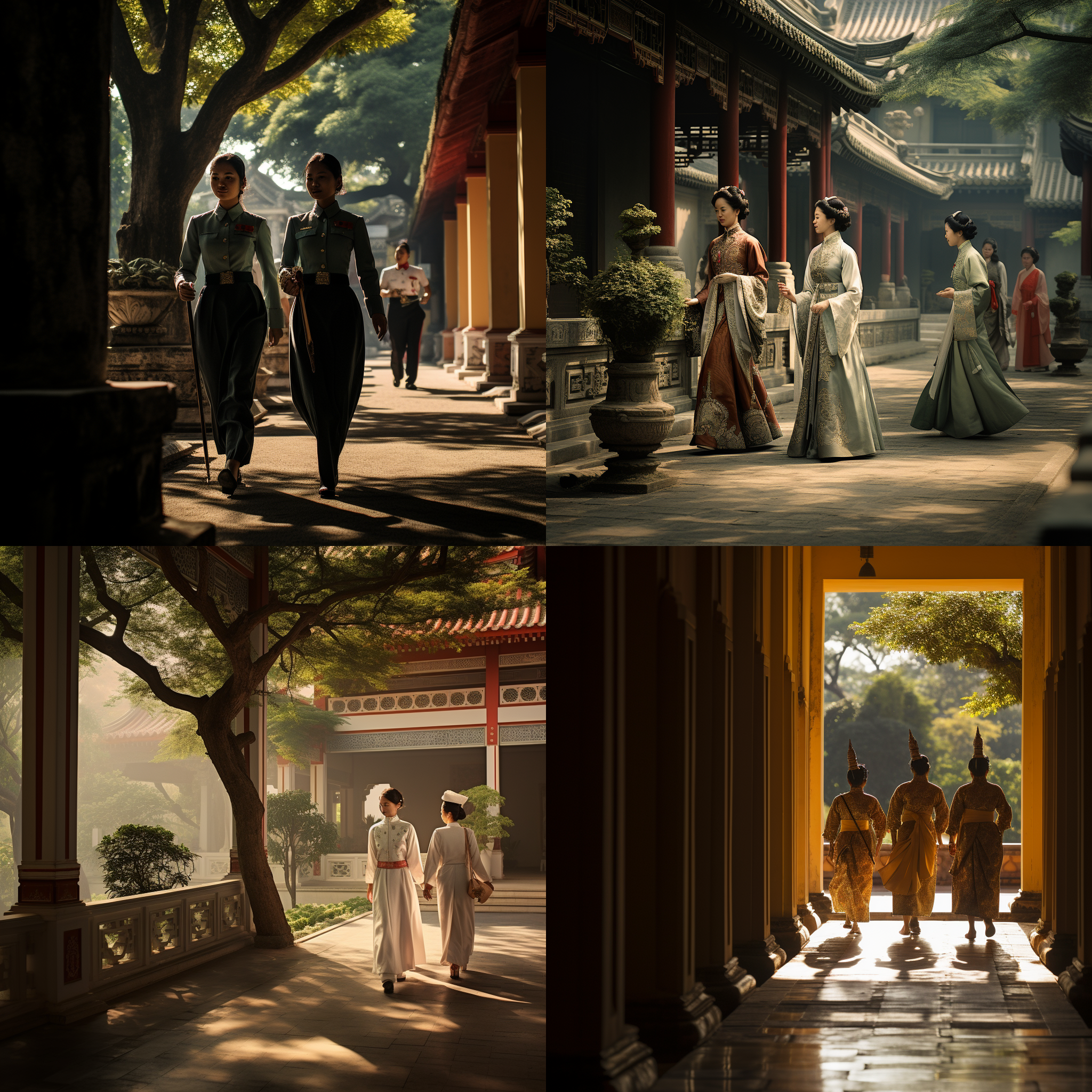 侍卫守卫着皇宫，宫女轻盈地走在花园小径上。画面采用对角线构图，展示了两者的对比。使用广角镜头捕捉整个场景，呈现宏大的环境。光线柔和而温暖，突出了宫女的娇美与侍卫的坚毅。色调以暖色为主，营造出宫廷的氛围。动作轻盈而优雅，表达着宫女的柔美和侍卫的警觉。