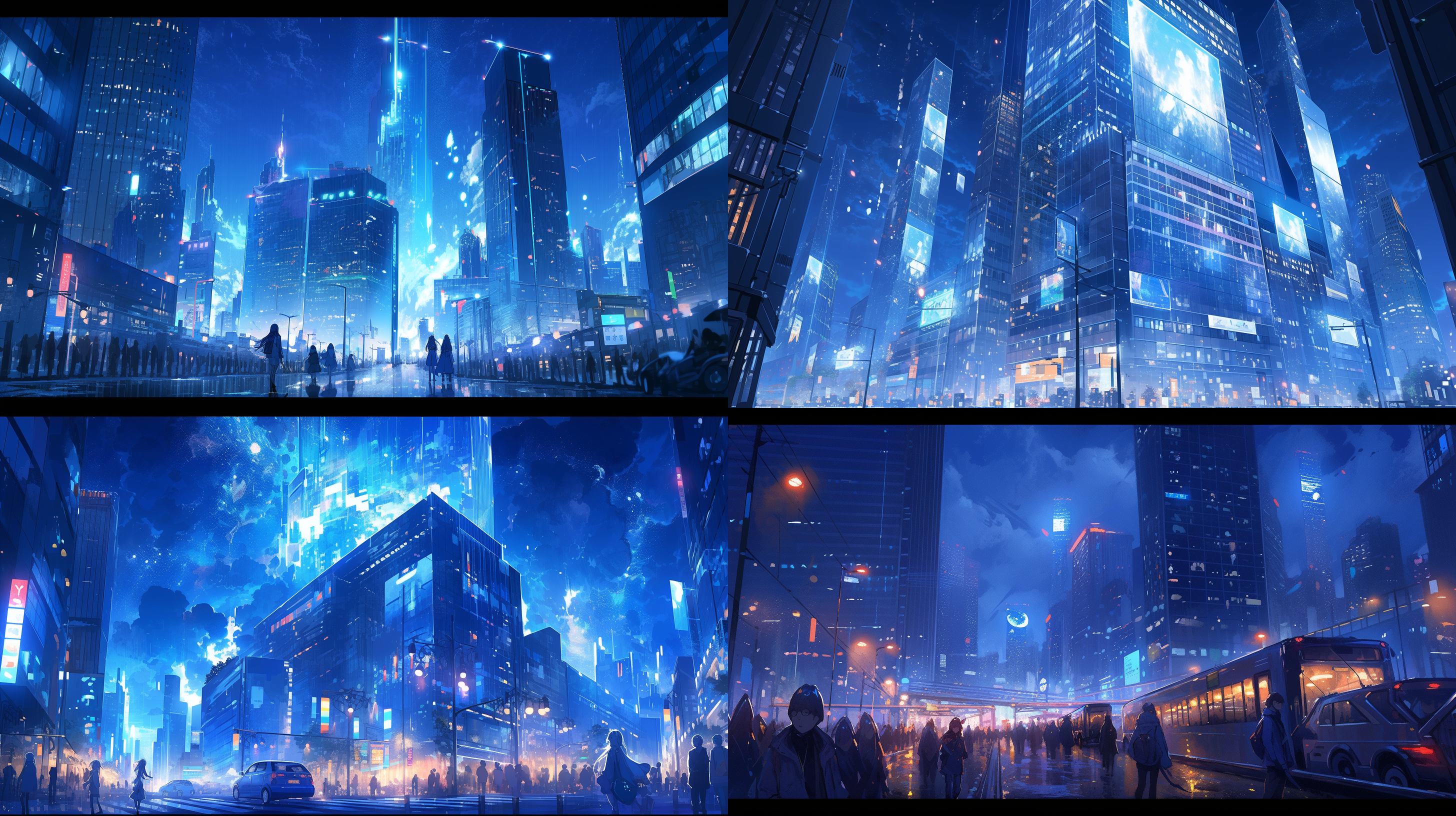 物联网，未来之城，高楼大厦，夜晚，现代风格，长曝光，车流灯光，人群，数据流动，科技感，蓝色调，繁忙。