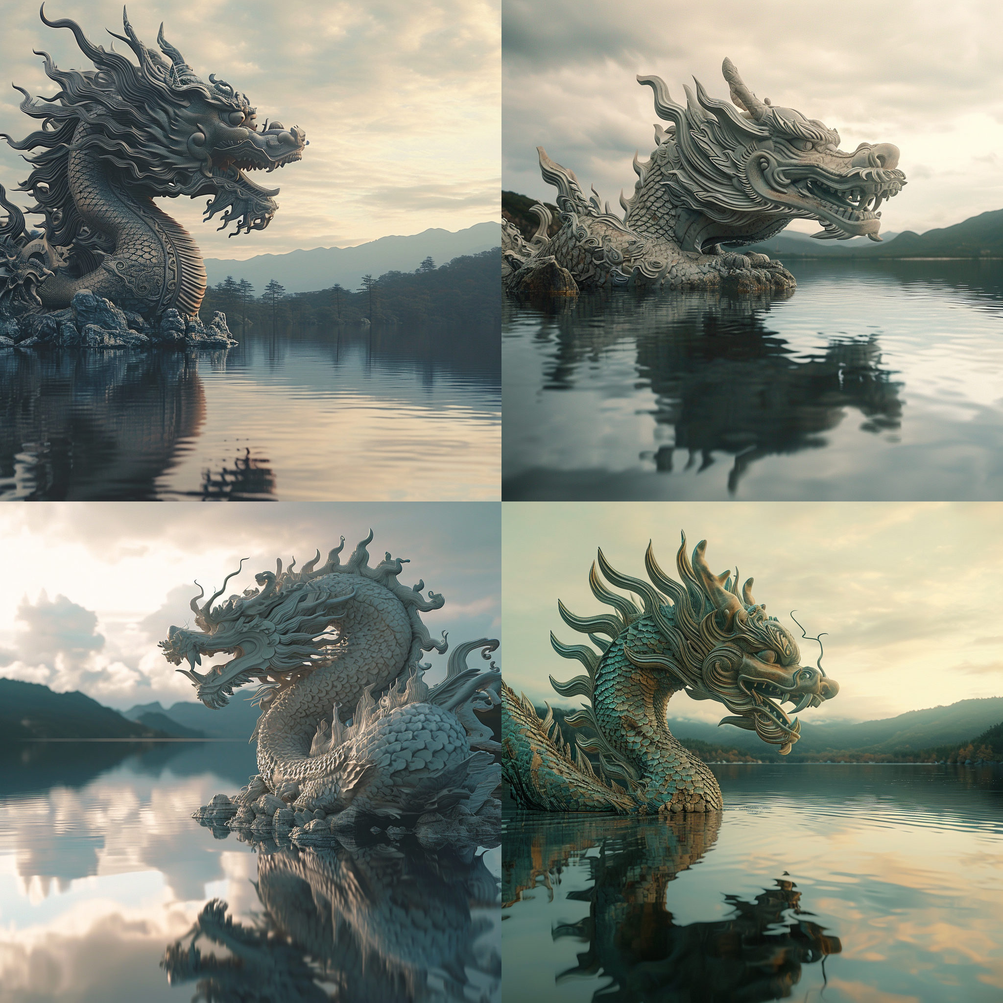 巨型中国青龙，平静湖面，徐徐上升，c4d渲染技术，逼真细节，远景取景，湖水倒影，广角镜头，柔和光线，浅色调，神秘氛围。