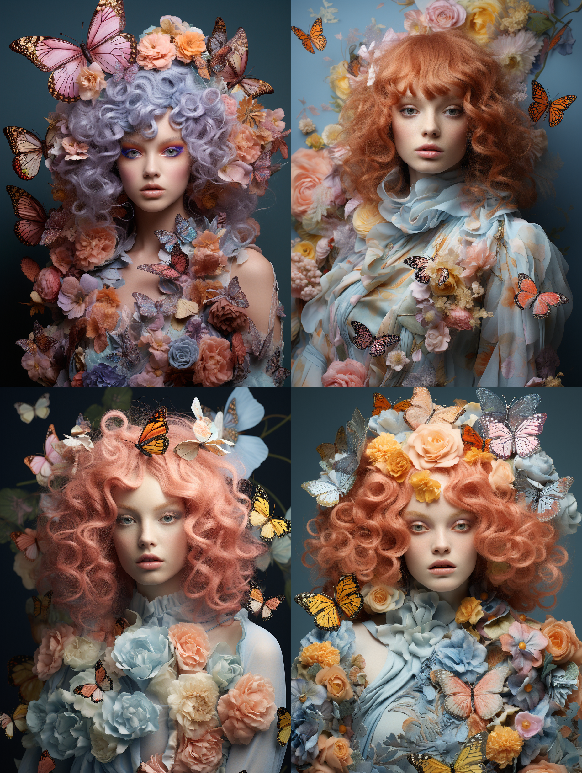 粉红色头发和蝴蝶翅膀，风格为浅蓝和琥珀色，受前拉斐尔派启发，玩味十足的拼贴，淡紫和淡靛蓝色，由花朵、有机材料制成，画家般的风格。