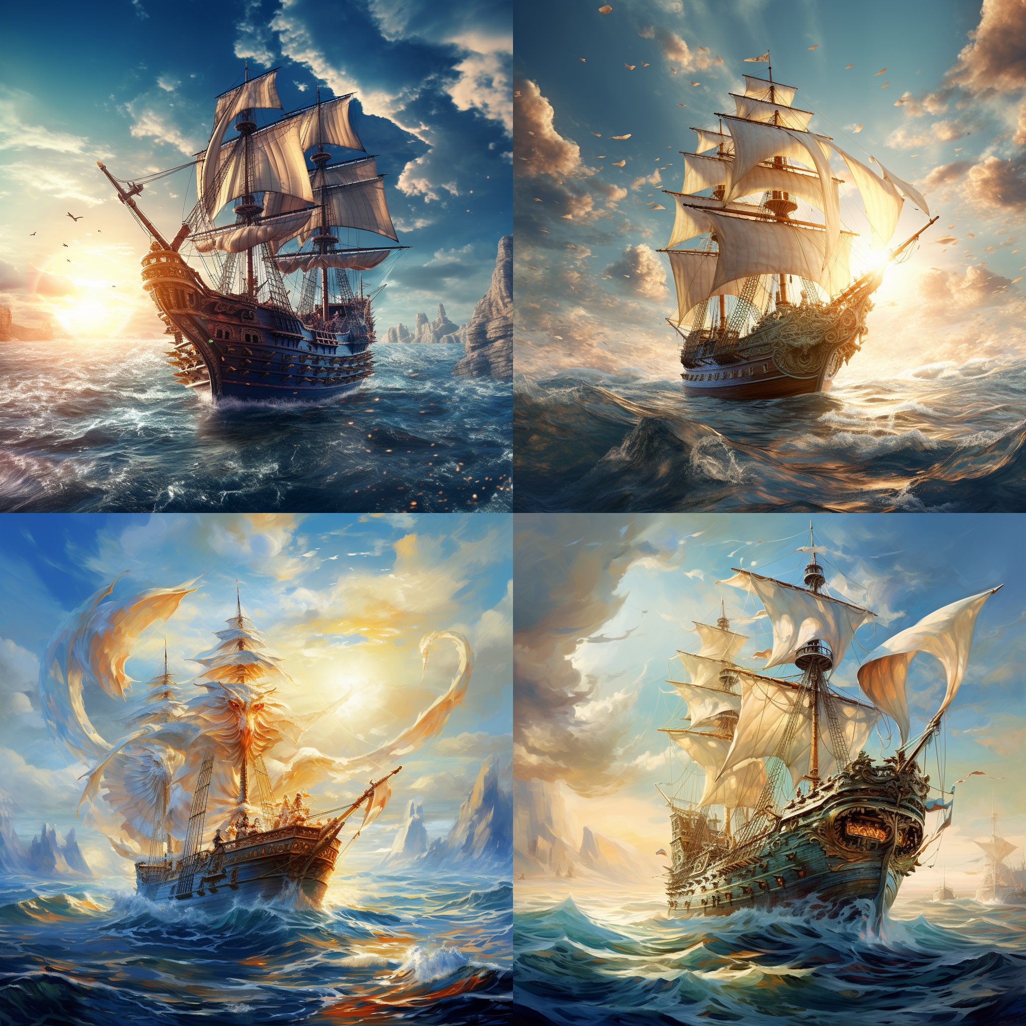 空中飞龙，海洋辽阔，帆船启航，阳光灿烂。957*1278像素，广角镜头，蓝色调，远景，高光，强调启航。