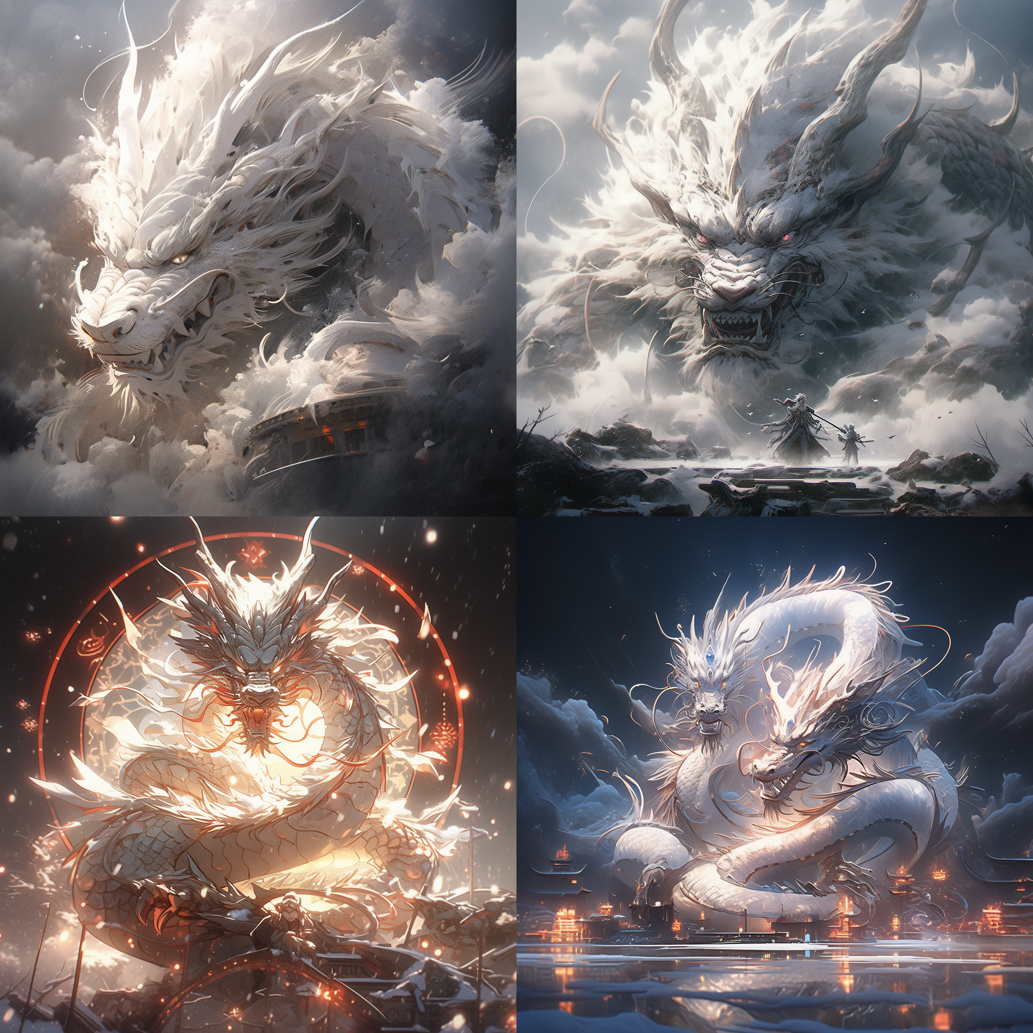 中国龙，巨型，大场景，特写镜头，电影灯光，c4d渲染，超高分辨率，精细细节，32k，白龙栩栩如生，气势磅礴，雄壮，神秘，宏伟主调，白色华丽，动感。