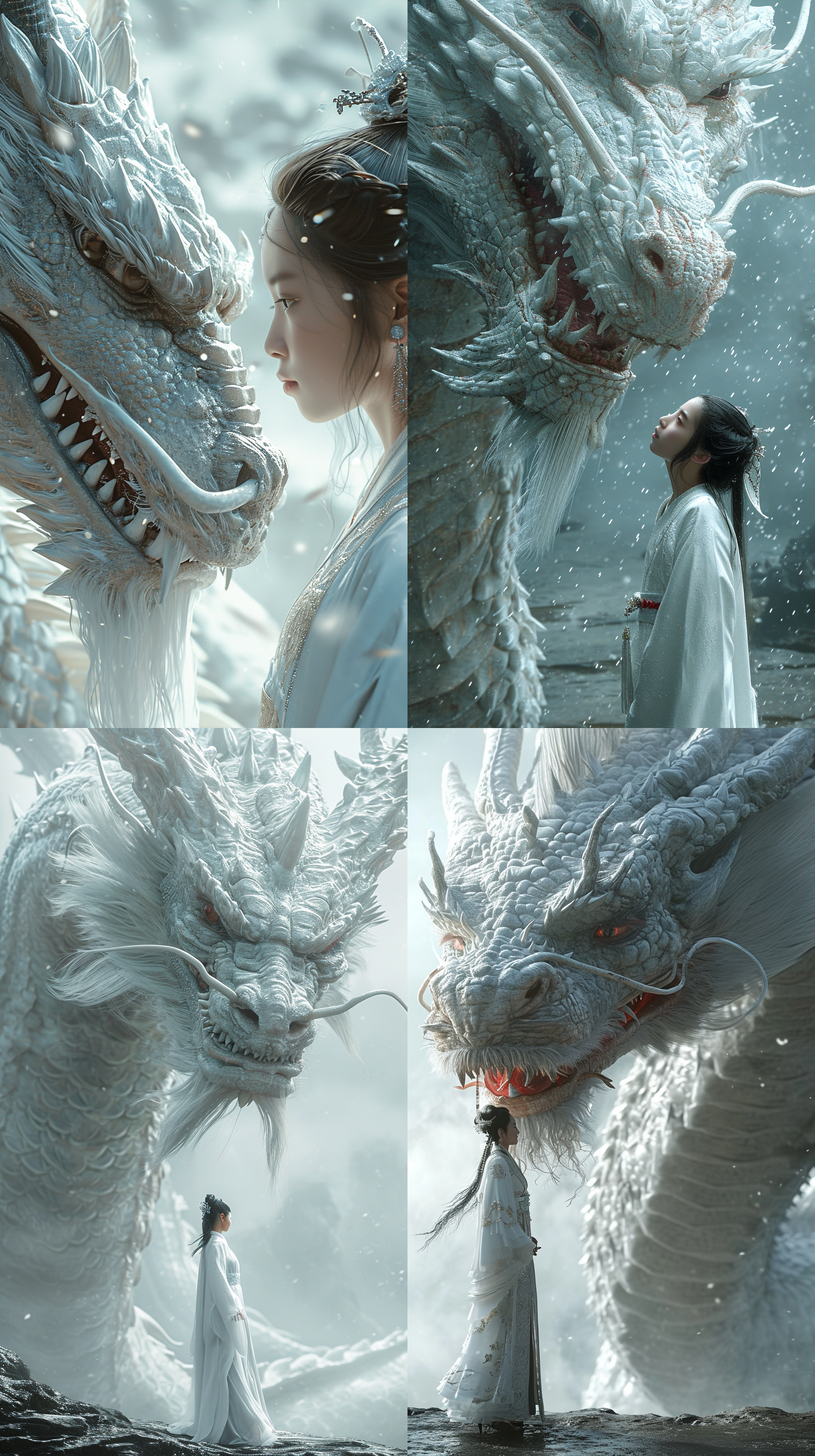 中国女孩穿着白色传统汉服，与一条巨型白龙在大场景中对峙。特写镜头展现了龙的栩栩如生细节，使用c4d渲染技术呈现超高分辨率的图像。电影灯光营造出神秘而宏伟的氛围。白色华丽的主调与龙的雄壮气势相得益彰。整个画面充满动感，给人一种令人惊叹的感觉。