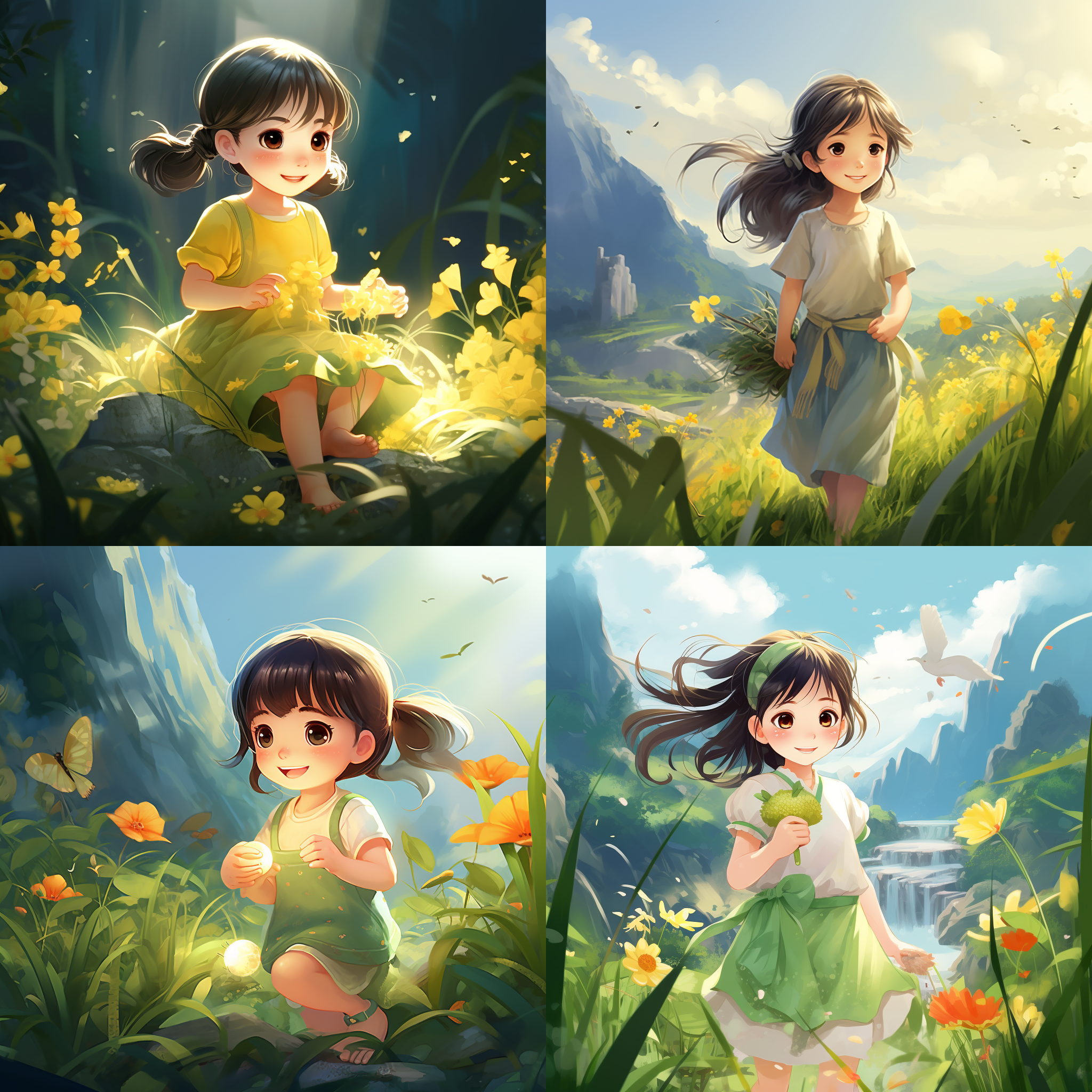 可爱的小女孩在夏天成长。明亮的绿色和浅黄色的光线创造了一个愉快和轻松的氛围，五彩斑斓的花朵，卡通风格，中国风格，山脉，云彩，水，广角镜头，自然光，电影光，扁平插图，超高细节，16k最佳质量，干净的背景。