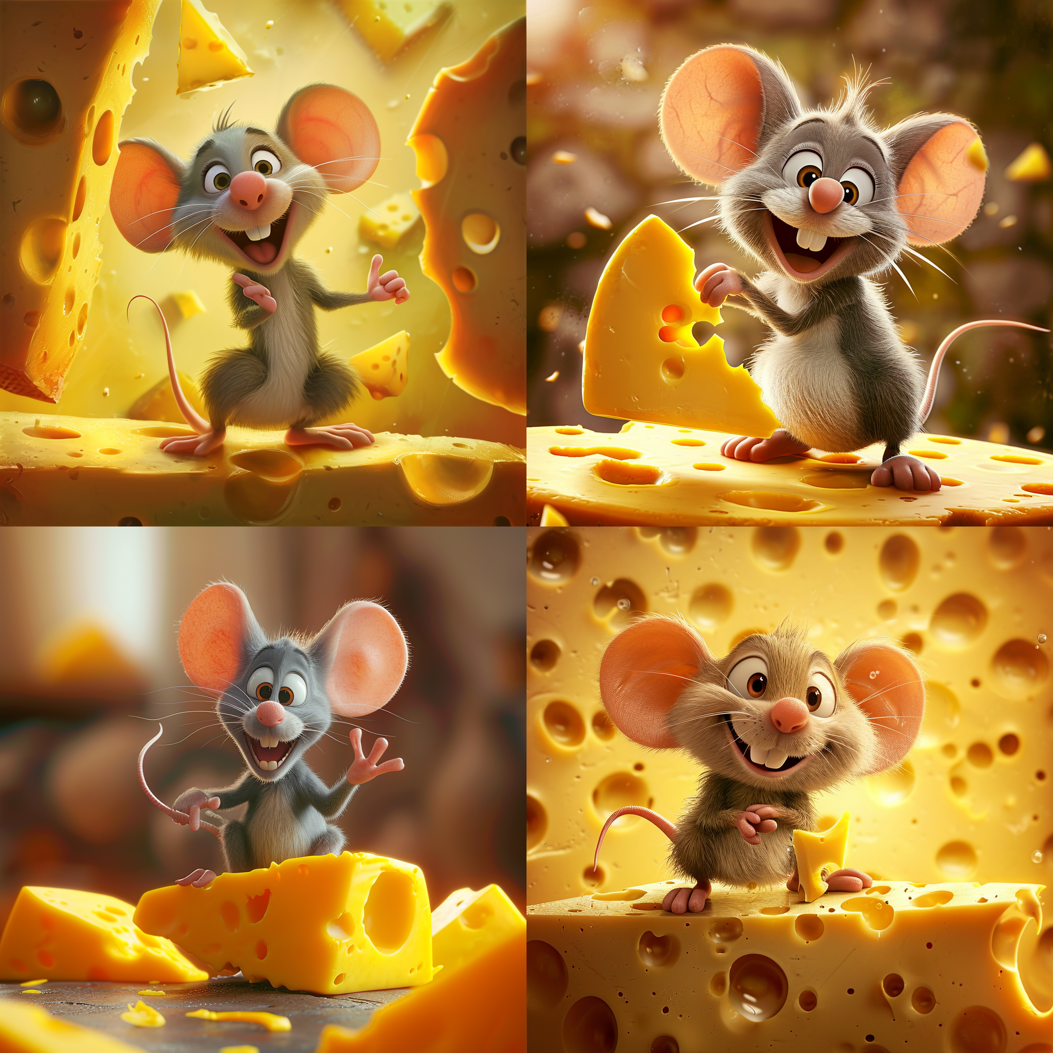 卡通老鼠站在奶酪上，对角线构图，明亮色彩，细节丰富的背景，低视角，温暖色调，广角镜头，柔和光线，悬念感，欢愉氛围。