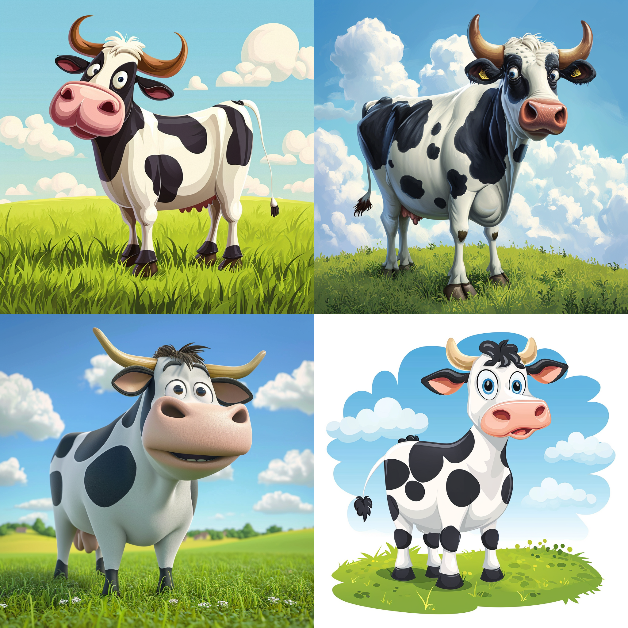 卡通牛，站在绿色草地上，背景是明亮的蓝天白云。牛身体庞大，头部圆润，眼睛大而明亮，角呈弧形。牛身上有黑白相间的斑纹，给人一种可爱而温和的感觉。光线柔和，色彩鲜艳。牛正直视前方，表情自信而平静。