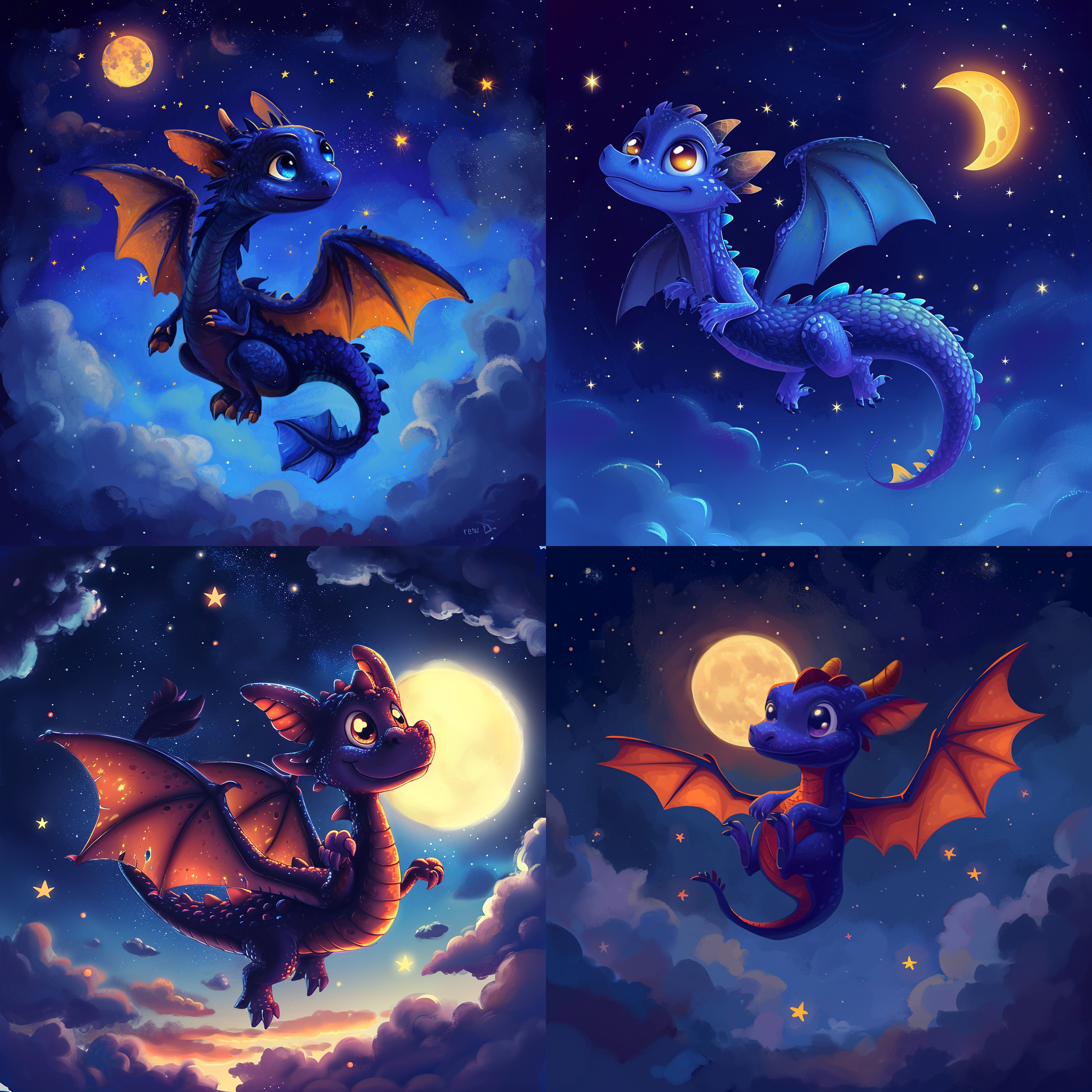 卡通龙，飞翔在夜空中，背景是星空和月亮，色彩明亮且鲜艳，龙身呈现流线型曲线，眼神灵动，瞬间冻结的翅膀展示出动感，透视镜头，柔光，悬浮，神秘，自由。