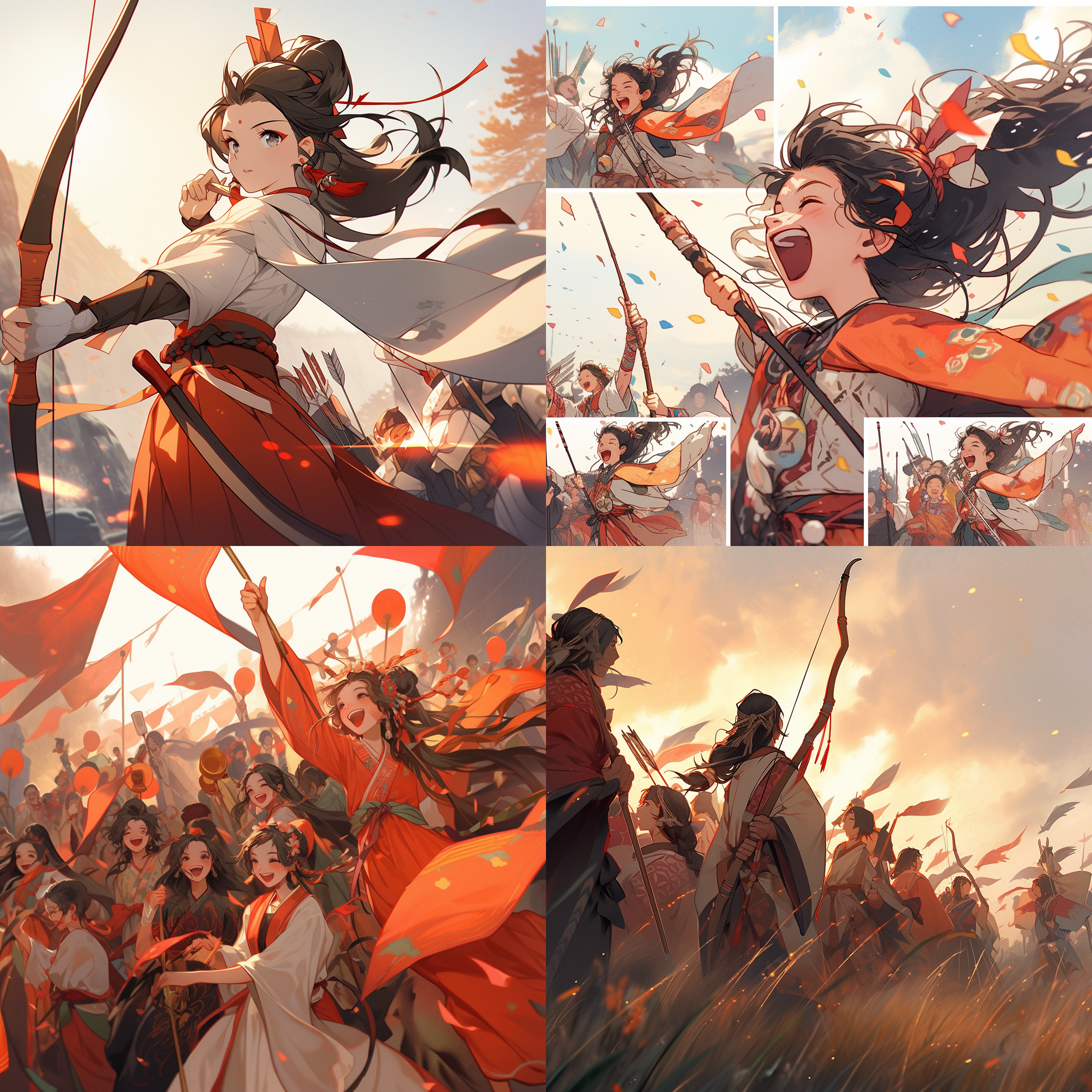 太阳消失，人们欢呼，中国风，弓箭射击，细节丰富，欢乐，喜悦，天空，太阳，消失，欢呼雀跃，中国文化，传统，九个太阳，弓箭手，动作，胜利。