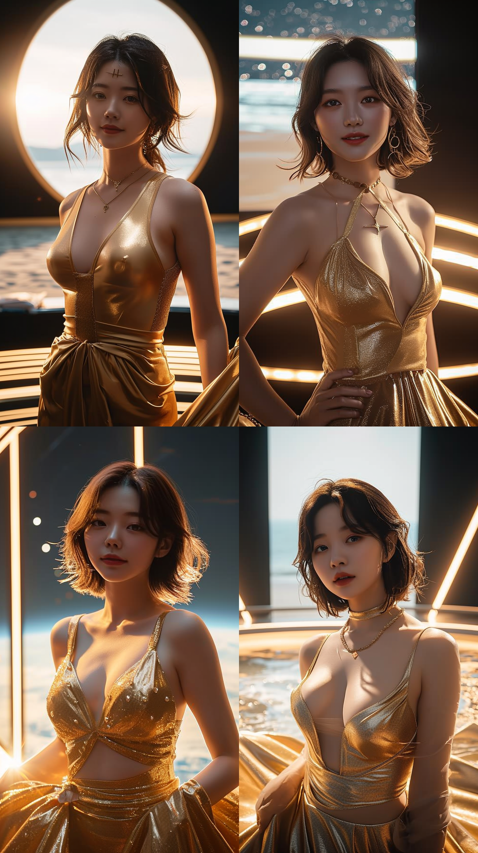 年轻漂亮女人，金色裙装，逆光拍摄，海滩背景，柔光，长焦镜头，优雅动作，微笑，自信，温暖色调，自然风格，悠闲氛围。