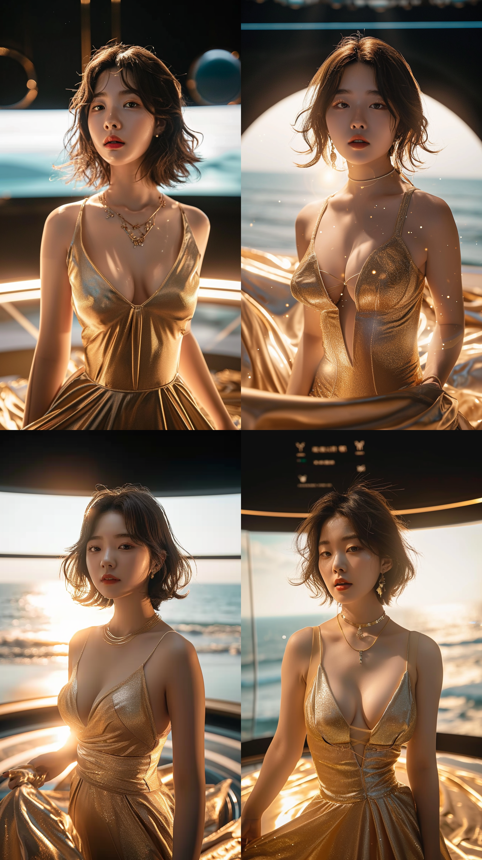 年轻漂亮女人，金色裙装，逆光拍摄，海滩背景，柔光，长焦镜头，优雅动作，微笑，自信，温暖色调，自然风格，悠闲氛围。