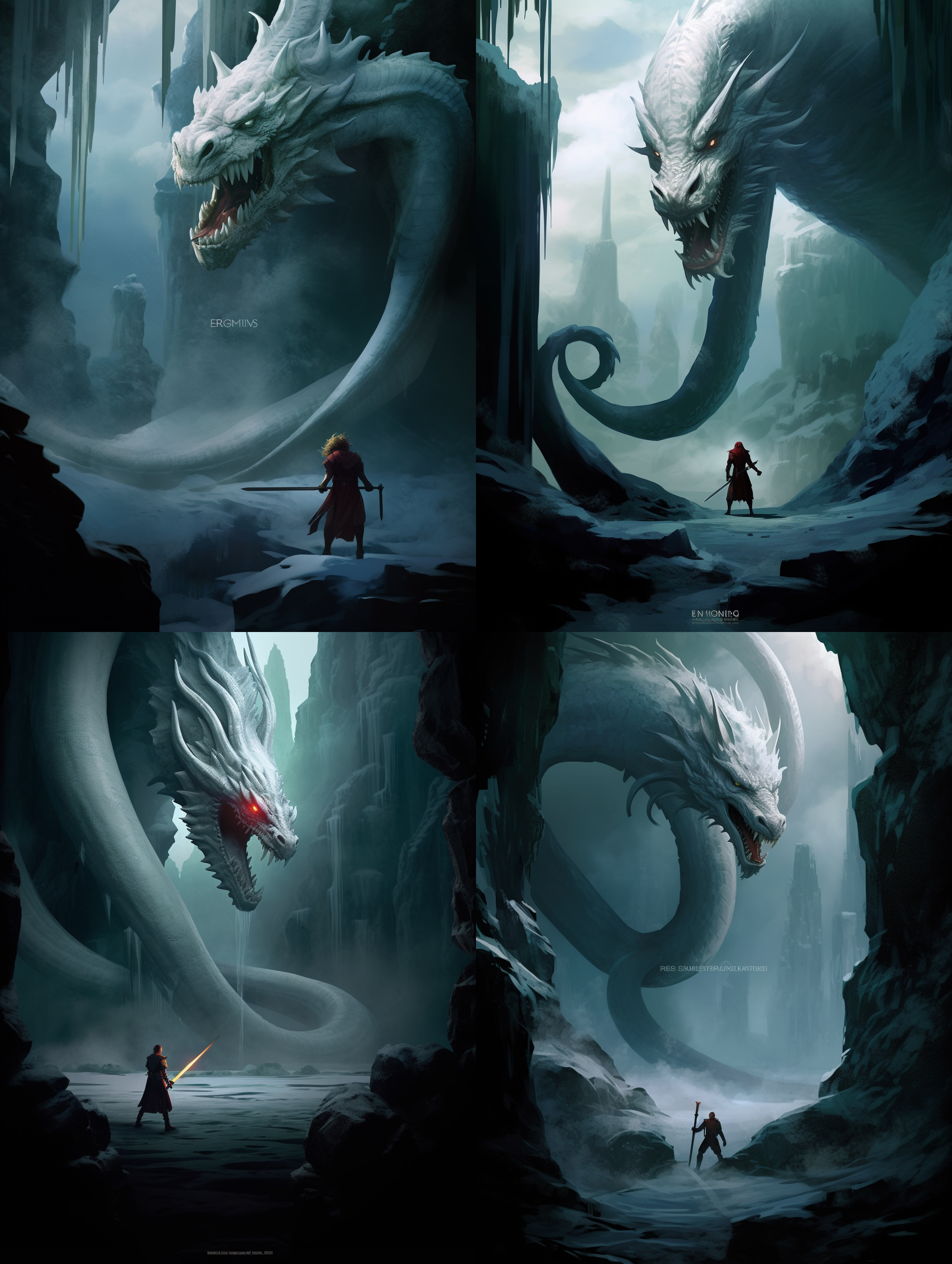 冰峰上，一名武士手握长剑，与一条白龙对峙。图像构图对称，使用冷色调增强寒冷氛围。采用广角镜头拍摄，突出环境细节。透过侧光，形成明暗对比，突显紧张气氛。