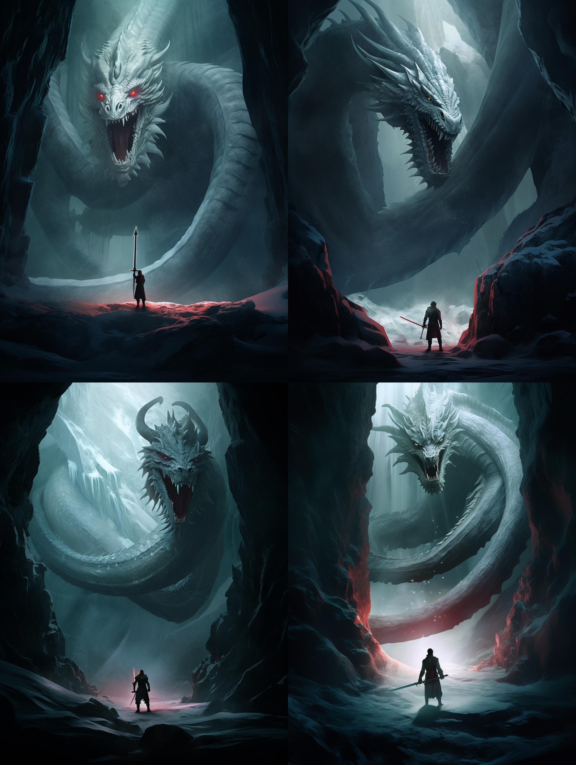 冰峰上，一名武士手握长剑，与一条白龙对峙。图像构图对称，使用冷色调增强寒冷氛围。采用广角镜头拍摄，突出环境细节。透过侧光，形成明暗对比，突显紧张气氛。