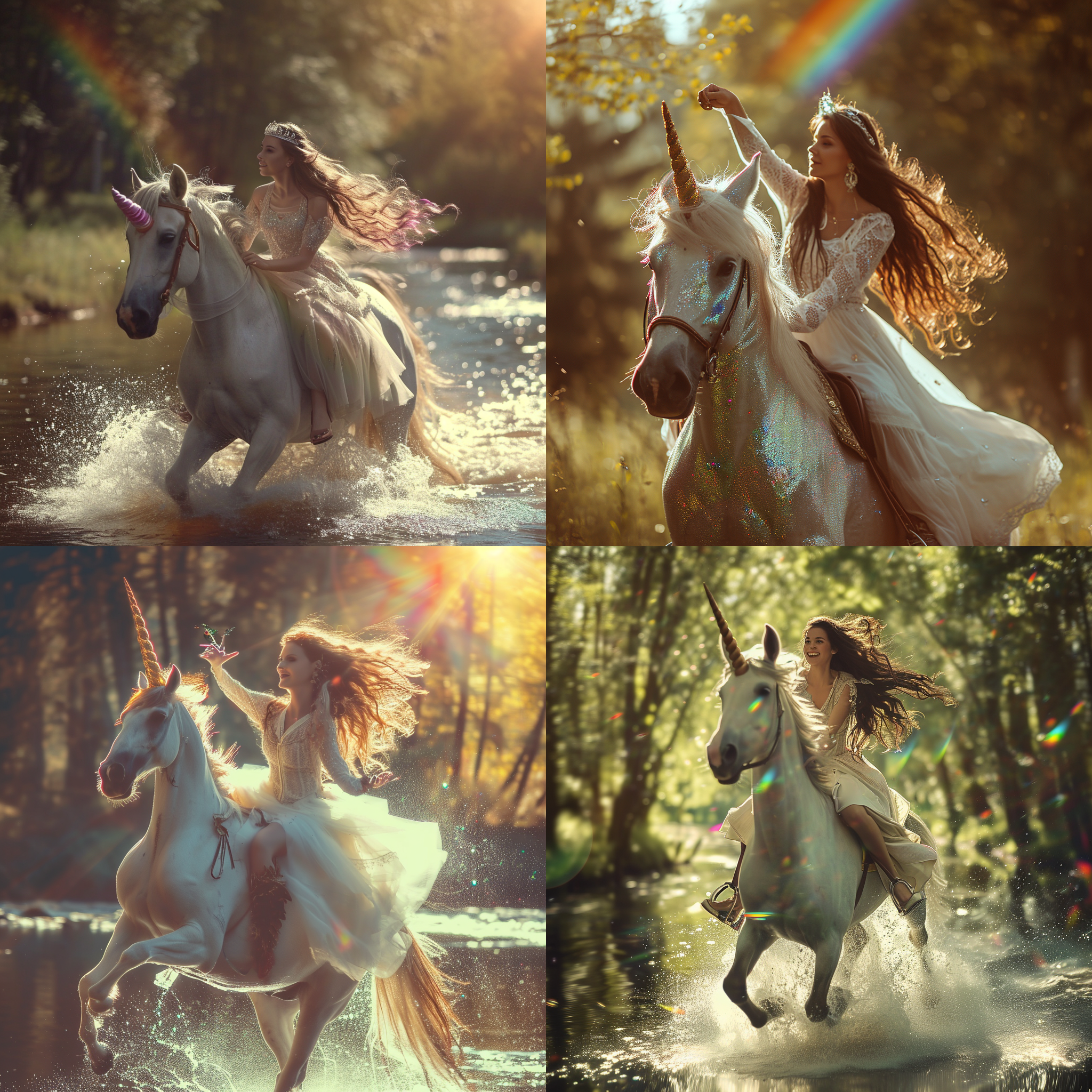 美女骑着独角兽，背景是宽广的森林和流淌的河流，独角兽的毛发闪烁着彩虹色的光芒，美女长发飞舞在空中，她面带微笑，眼神中透露出自由和快乐。唯美风格，魔幻色调，长焦镜头，逆光，缓慢快门，优雅动作，自然元素，明亮色彩，喜悦情感。