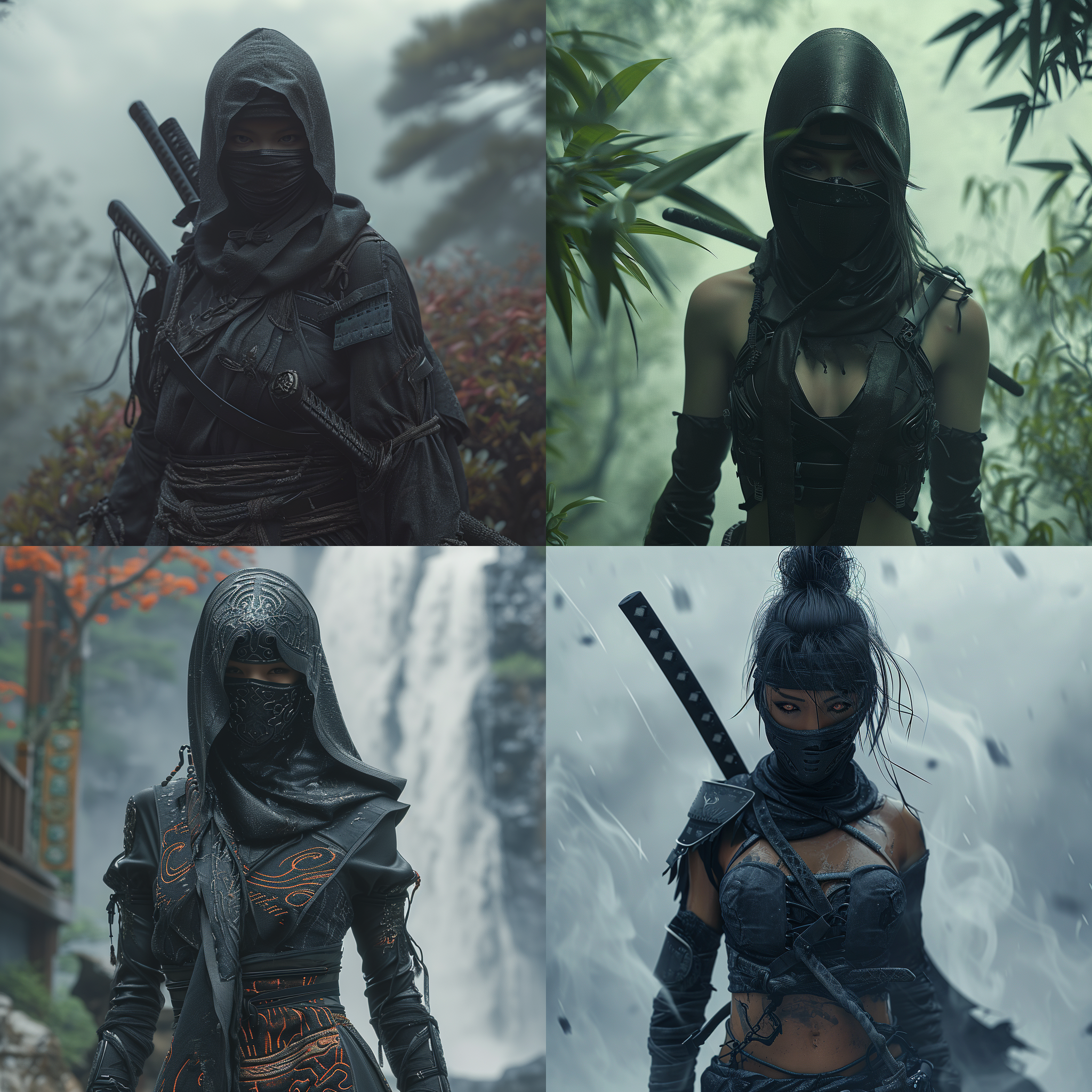 隐藏在旋转的雾中的女忍者，风格仿制小岛秀夫，绚丽的数字艺术渲染，32k超高清，专业摄影，哈苏相机，超锐的细节，hdri，2:3宽高比。