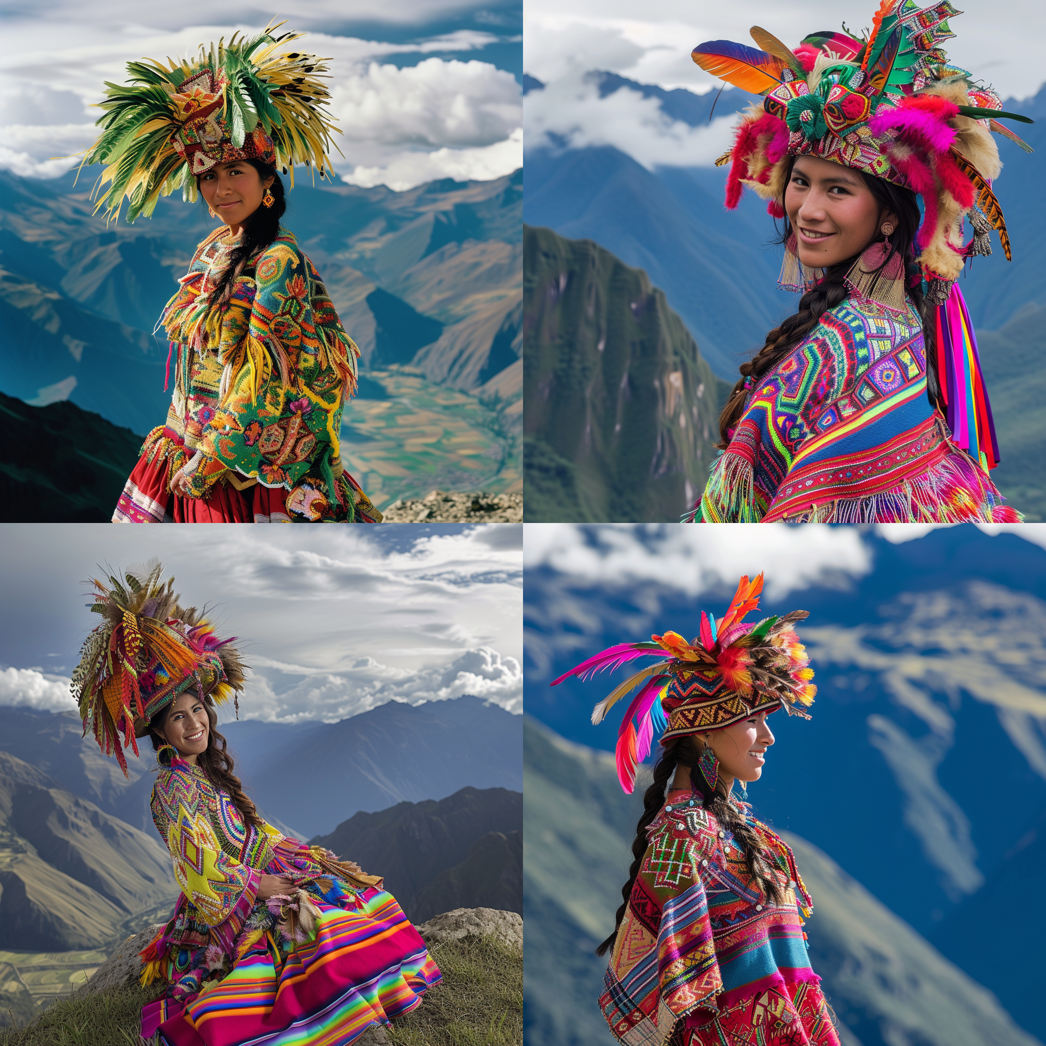 印加美女，在壮丽的安第斯山脉背景下，她身着传统的彩色服饰，头戴华丽的羽毛头饰。她优雅地站在山顶上，微笑着凝视远方。画面呈现出鲜艳的色彩和浓郁的文化氛围。传统姿态，自然光，中景，长焦镜头，风中飘舞，神秘。