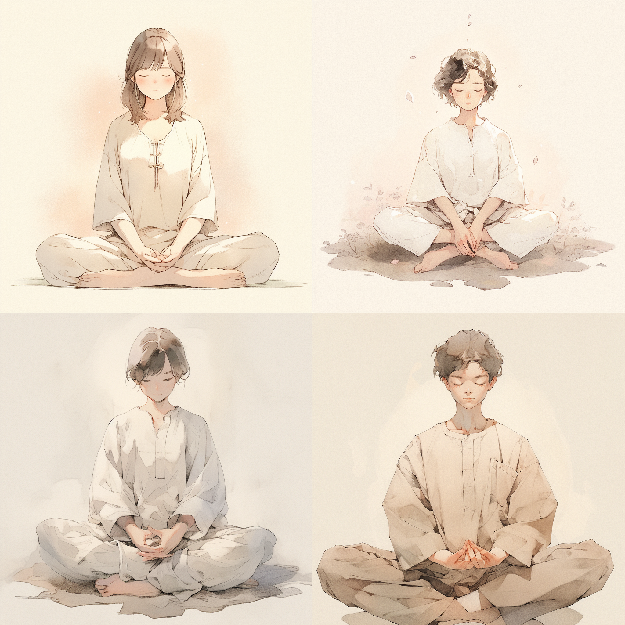 少年打坐，米黄色背景，简约服饰，盘腿坐姿，水彩风格，柔和光线，静谧氛围，专注表情，自然肖像，纯净色调，平静。
