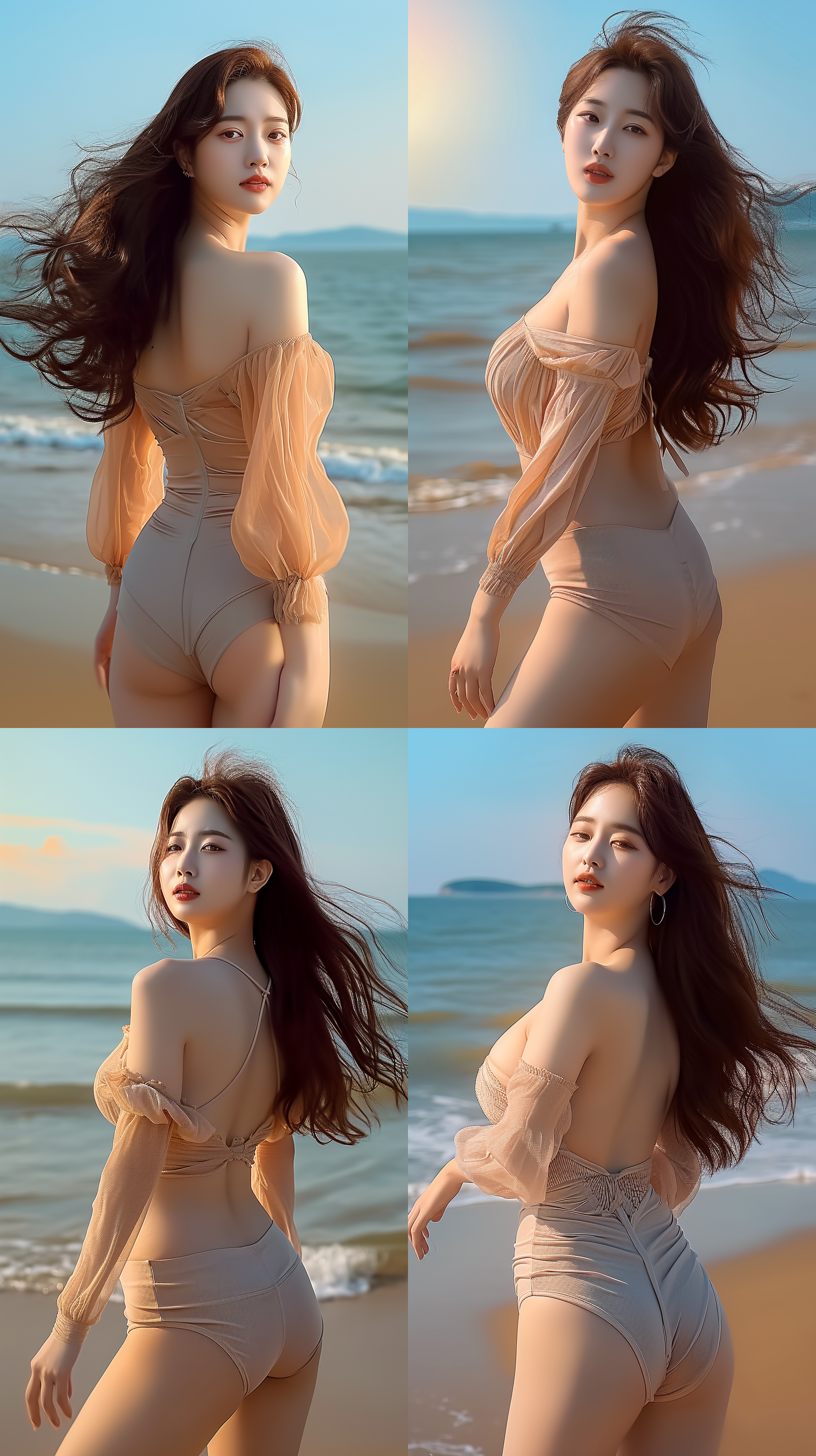 微胖东方美女，海边现代风格，全身镜头，长焦镜头，自然动作，微笑，轻松愉快，温暖色调，柔美元素，海浪拍打，自信，高清图，胖一点，短裤，裙子。 超广角 全身