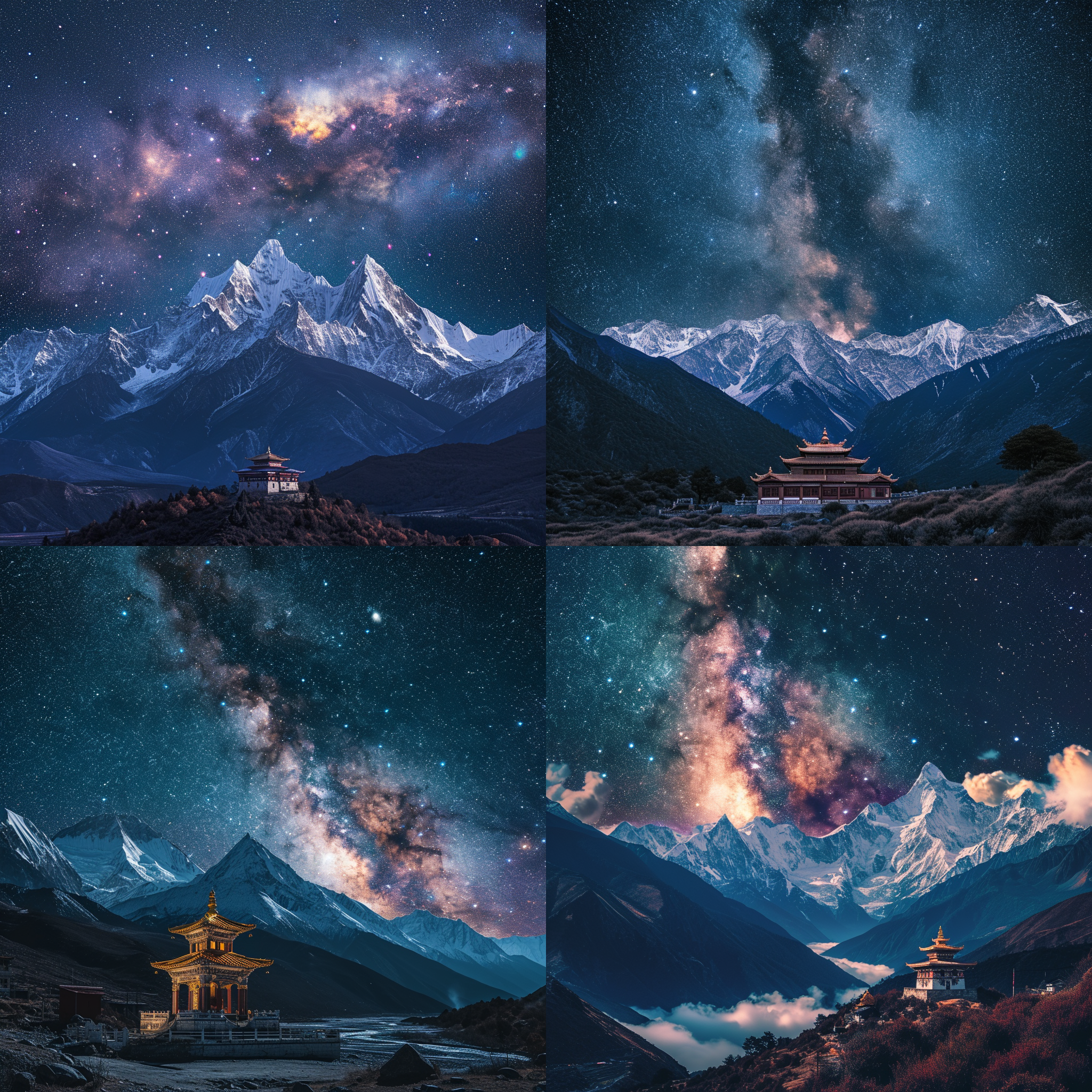 夜晚银河下的巍峨雪山，一座很小的喇嘛庙，全画幅，广角镜头，电影效果，电影镜头。星空璀璨，山峰高耸入云，庙宇显得微不足道，但却与宇宙相互辉映。冷色调给人一种神秘感，而电影效果的处理使整个画面更具戏剧性。