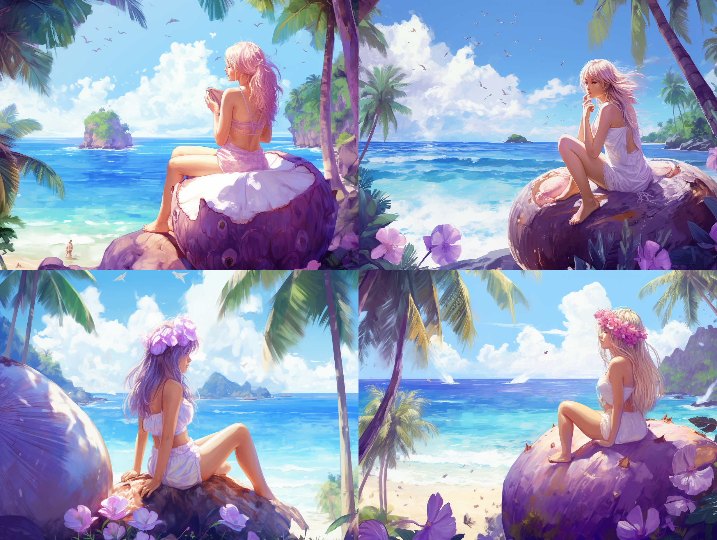 米粒大小的花仙子，吃着西瓜，制作椰子糖，在椰子树下，阳光海风，赛博朋克风，紫色系列配色，全景视角