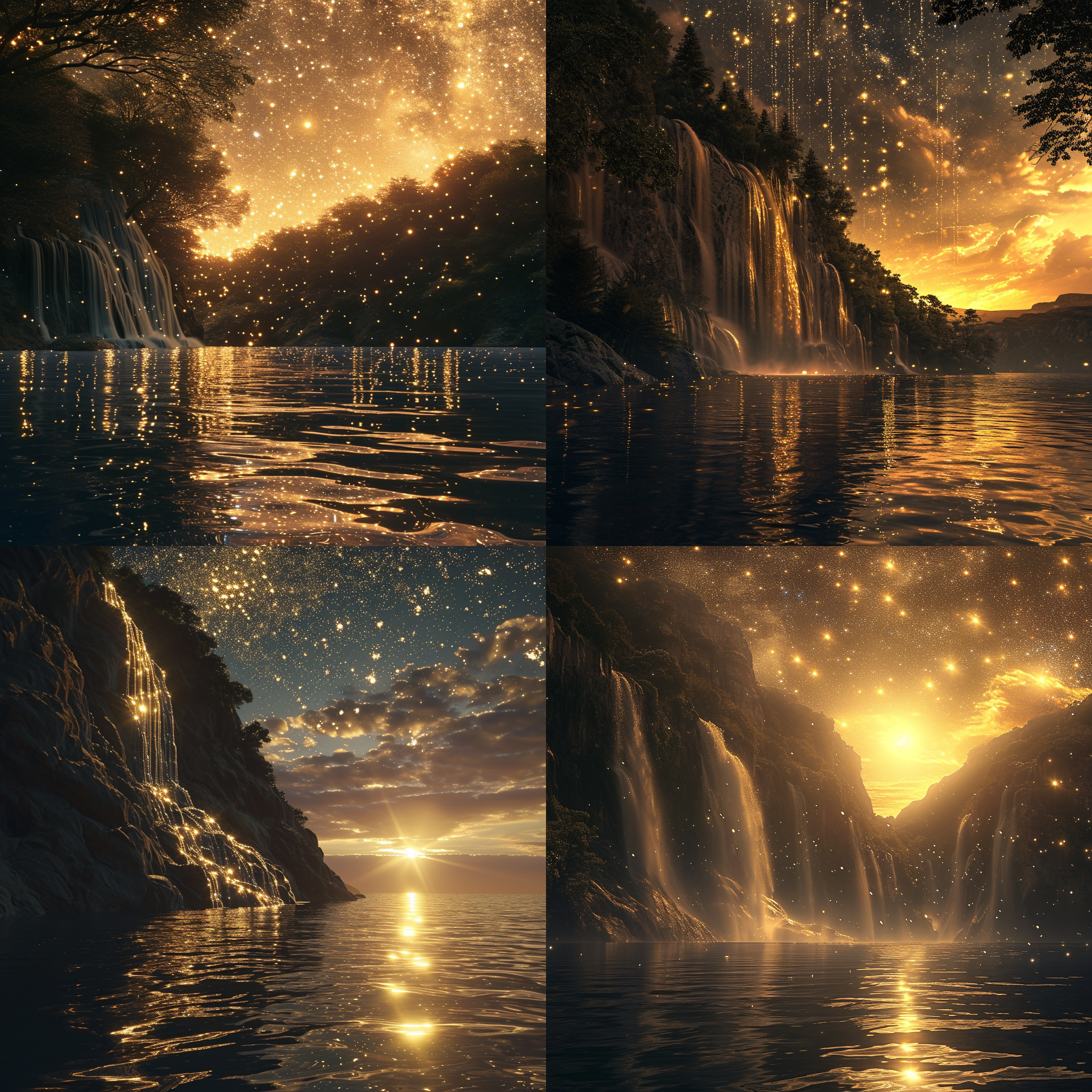 prompt. 在金色夜空中，星星照耀在平滑的湖面上，闪烁的瀑布，星光闪烁，宽阔的湖水，星空，michael james smith的哑光绘画，cg渲染，体积光，空间艺术，生物发光，幻觉引擎5，超广角，高清晰度。