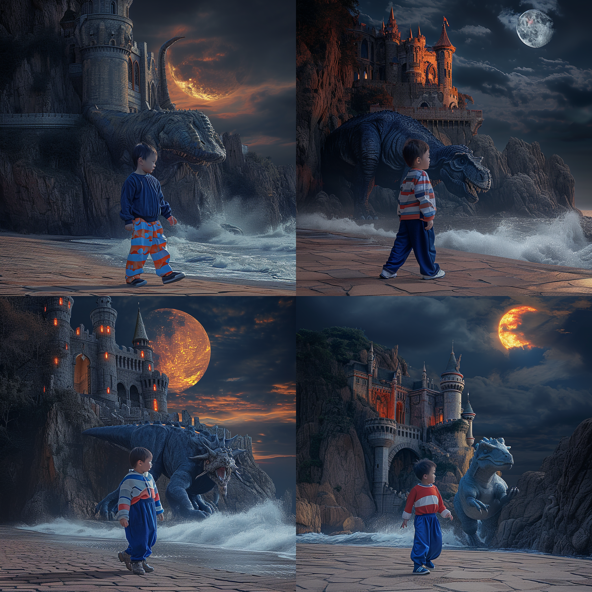 小孩在夜晚的城堡前与恐龙对峙，错综复杂的细节中充满童话故事的魔幻氛围。高度详细的超高分辨率照片展示了逼真的摄影作品，栩栩如生的数字艺术。电影般的照明营造出神秘的夜景，体积光照增添了戏剧性。拍摄使用了广角镜头捕捉整个场景，呈现出令人惊叹的视觉效果。