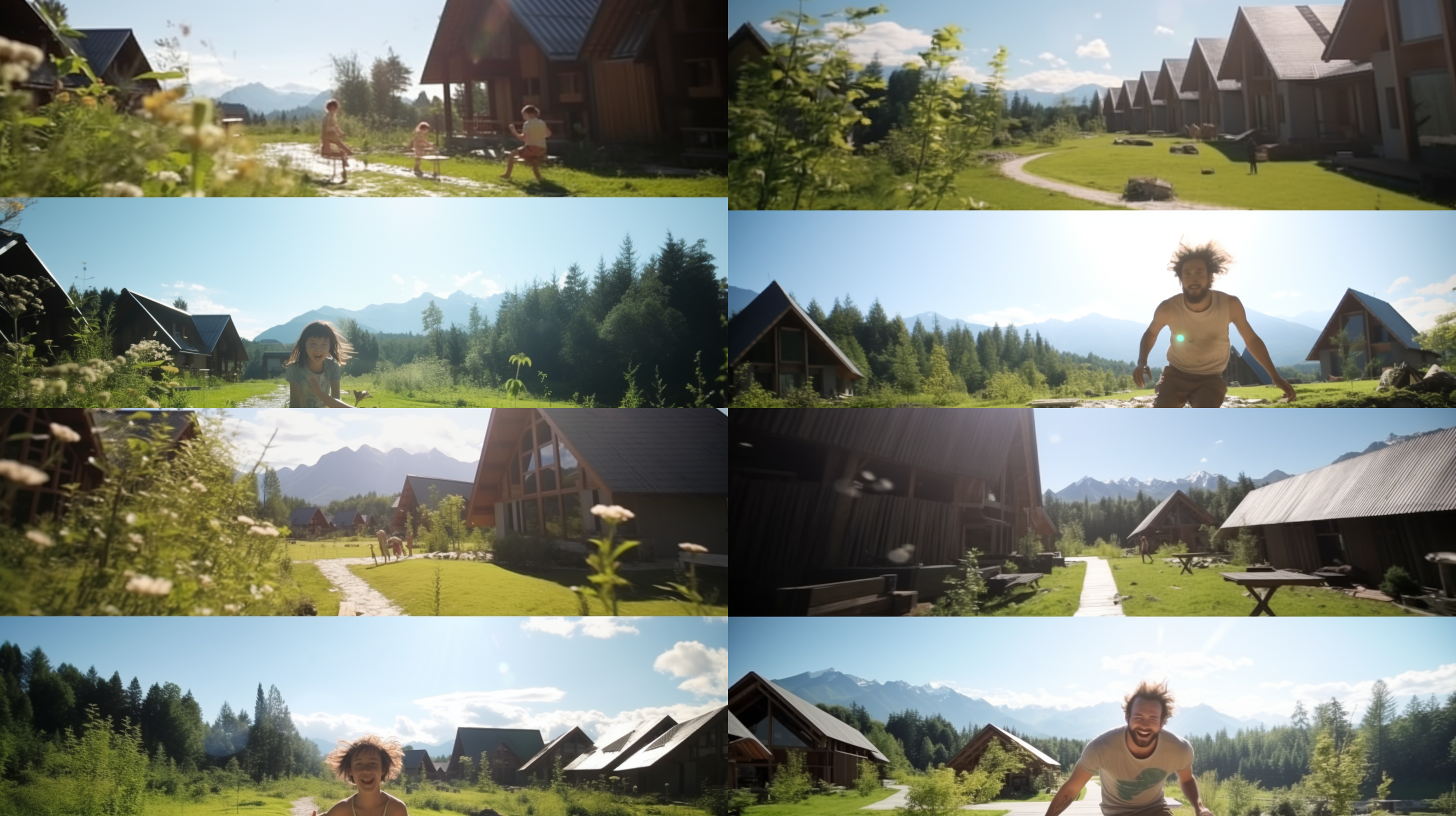 奔跑嬉戏，对称平衡构图，广角镜头，广阔环境，活力动作，欢笑，跳跃，明亮自然光线，鲜艳色彩，生机快乐氛围。