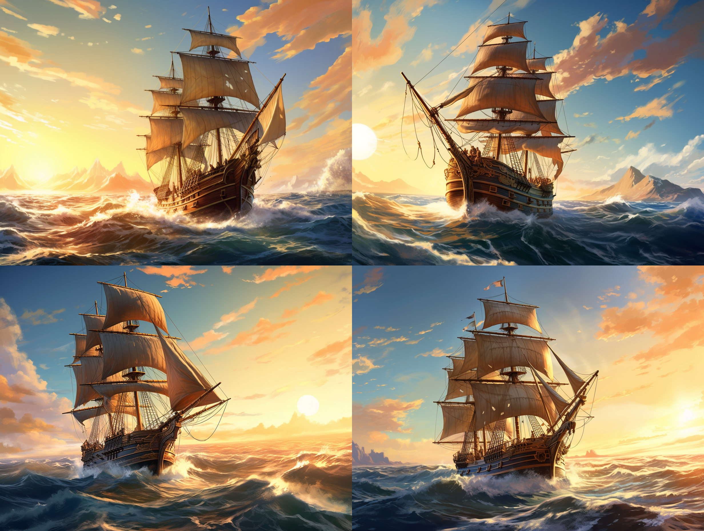 一艘18世纪的货船，驶向遥远的海岸线，风和日丽，油画风格，巧克力色系配色，镜头从船尾看向船前，超远景，广角