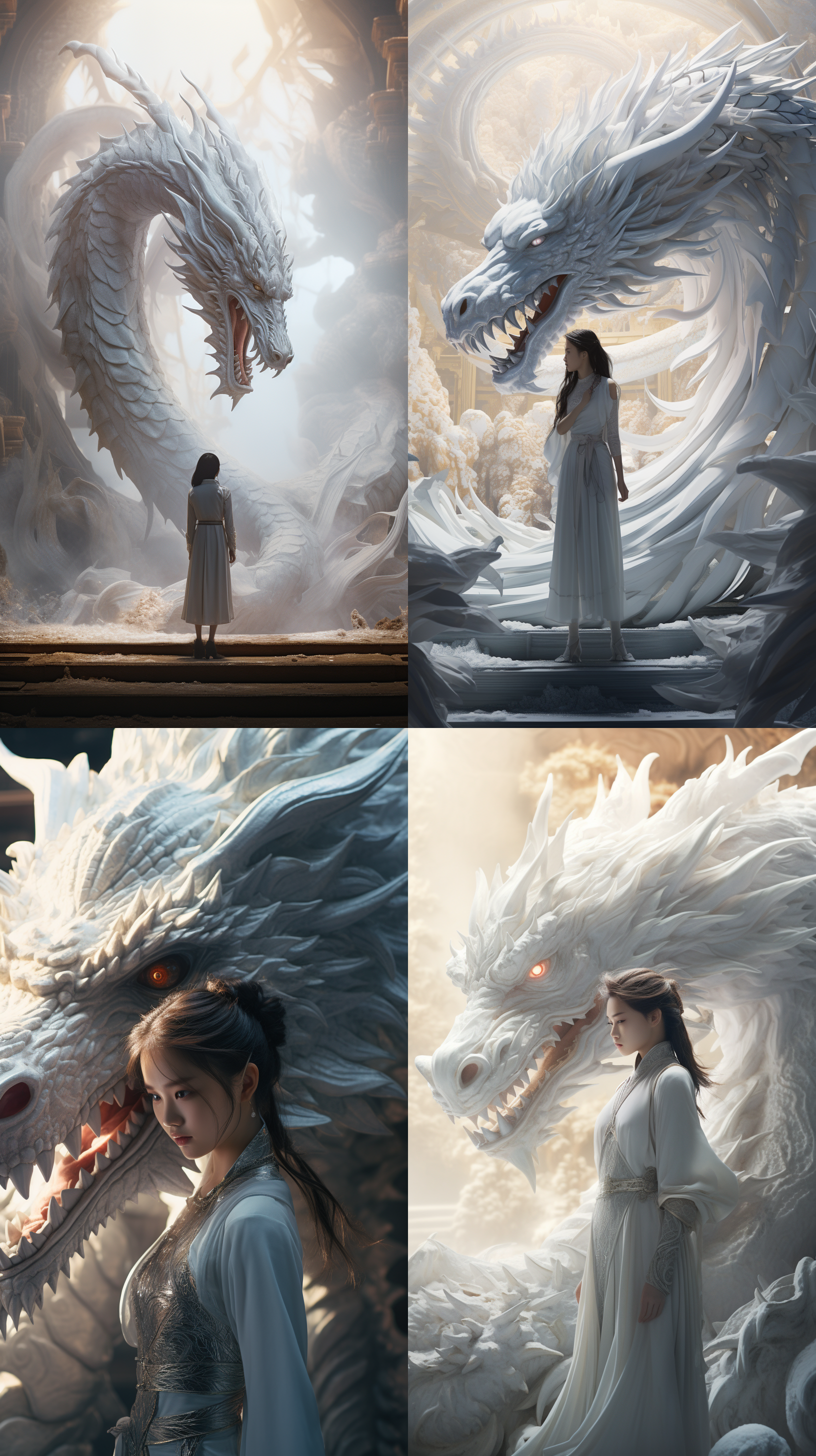 中国女孩穿着白色传统汉服，与一条巨型白龙在大场景中对峙。特写镜头展现了龙的栩栩如生细节，使用c4d渲染技术呈现超高分辨率的图像。电影灯光营造出神秘而宏伟的氛围。白色华丽的主调与龙的雄壮气势相得益彰。整个画面充满动感，给人一种令人惊叹的感觉。