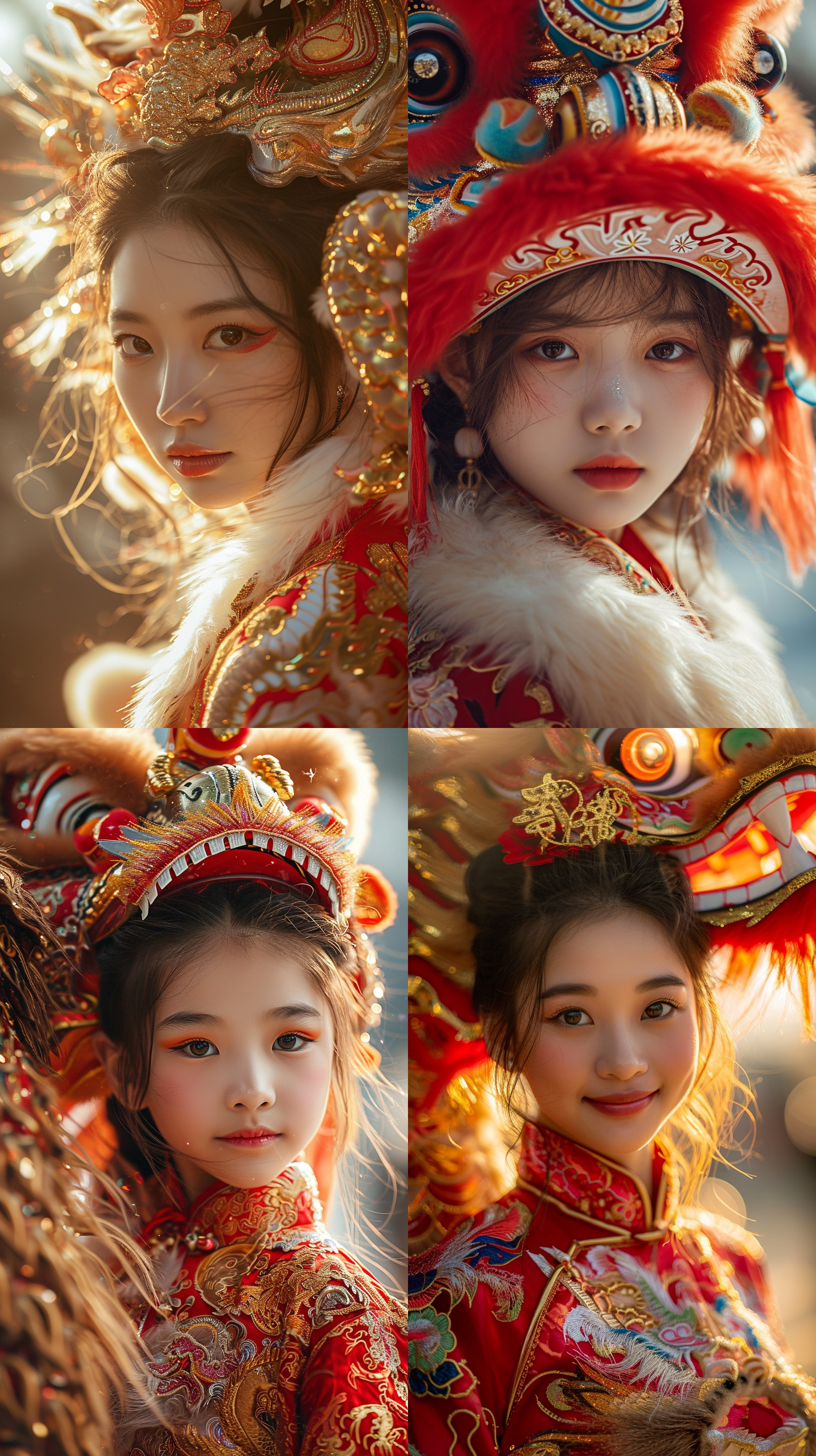 中国龙，中国风少年少女，阳光照射下的特写，新年快乐氛围浓厚，传统中国红和金色，明亮色调，柔和镜头，细节丰富，欢快动作，喜庆气氛，祝福。