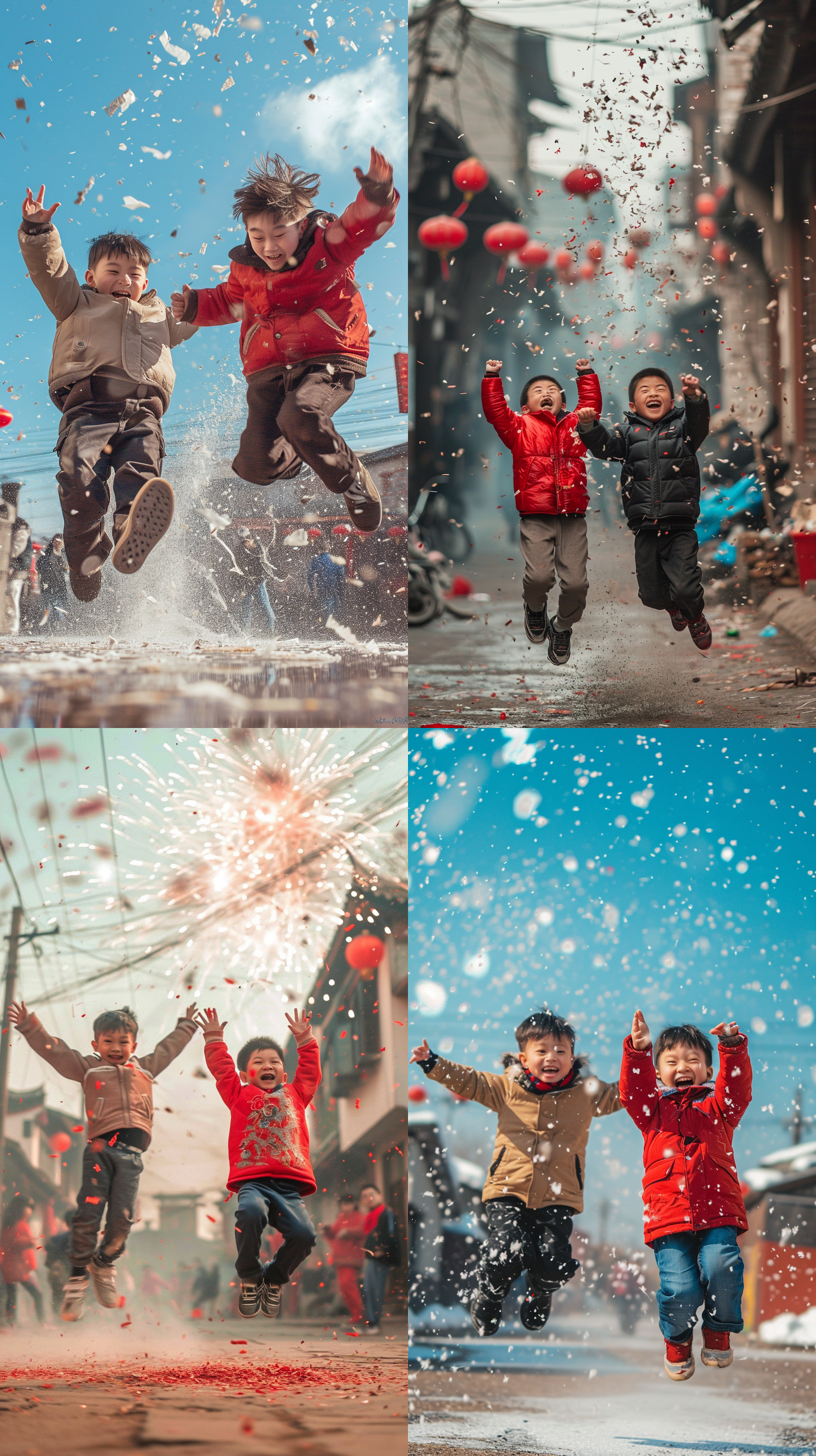 春节男孩玩耍，拼贴构图，室外场景，明亮色彩，广角镜头，自然光线，跳跃动作，笑脸、欢笑，烟花、红色元素，无忧无虑情绪。