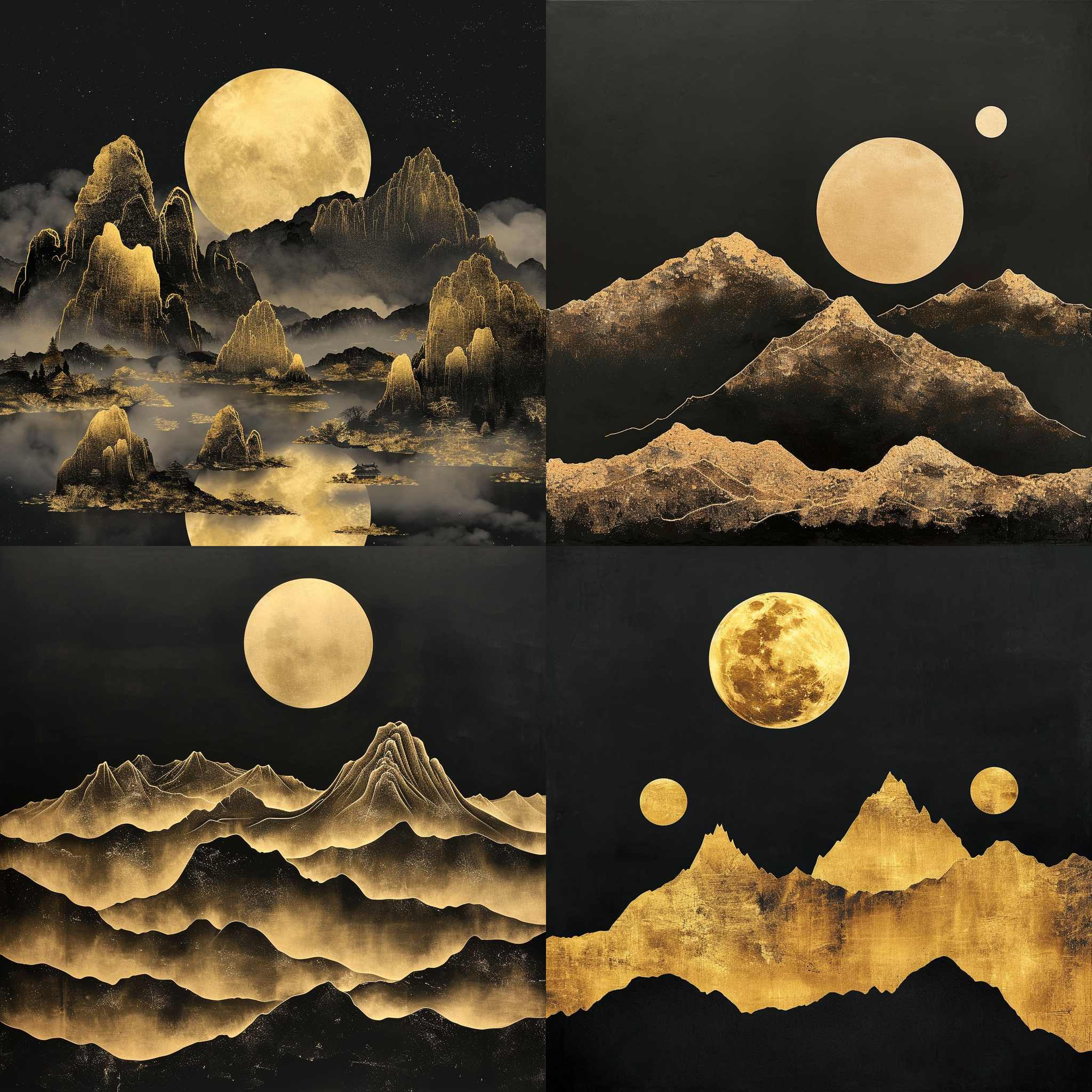 月亮照耀在黑色背景上，金色的山脉与黑色天空形成鲜明对比，构图简洁大方。摄影风格超真实，细节丰富，分辨率高。照片仿佛丝绸画般细腻，展现了宋微宗壁画的纹理和笔触，特别是金色笔触的运用，彰显出极简主义和古典建筑的魅力。