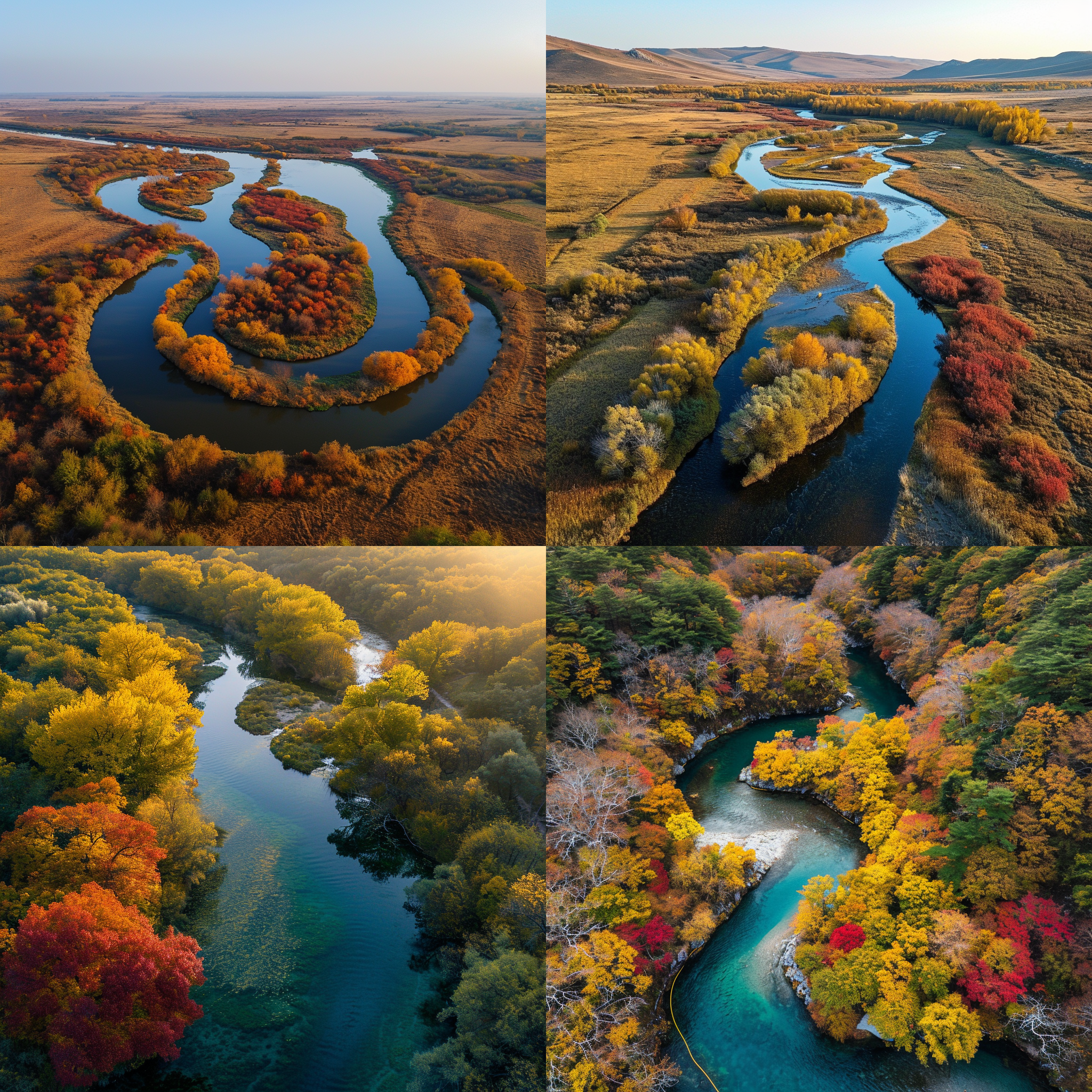 额尔古纳河秋天的样子，树叶有黄色有红色有绿色，河流蜿蜒曲折，天空晴朗，广角，鸟瞰视角，温暖色调，自然光，自然元素，平静，宁静，和谐。